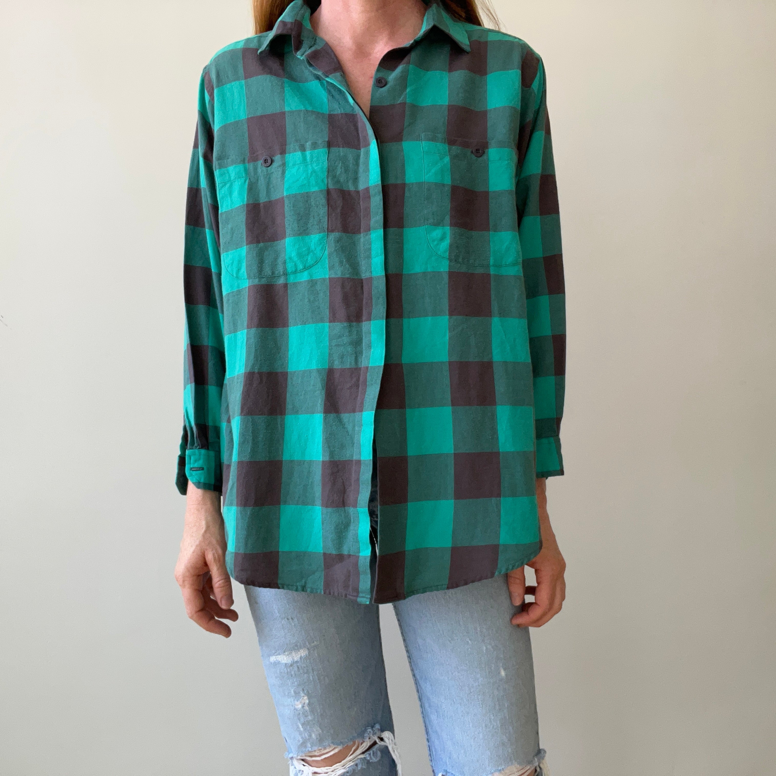 1980s/90s Teal Checkered Plaid Button Up - It's a VENEZIA!