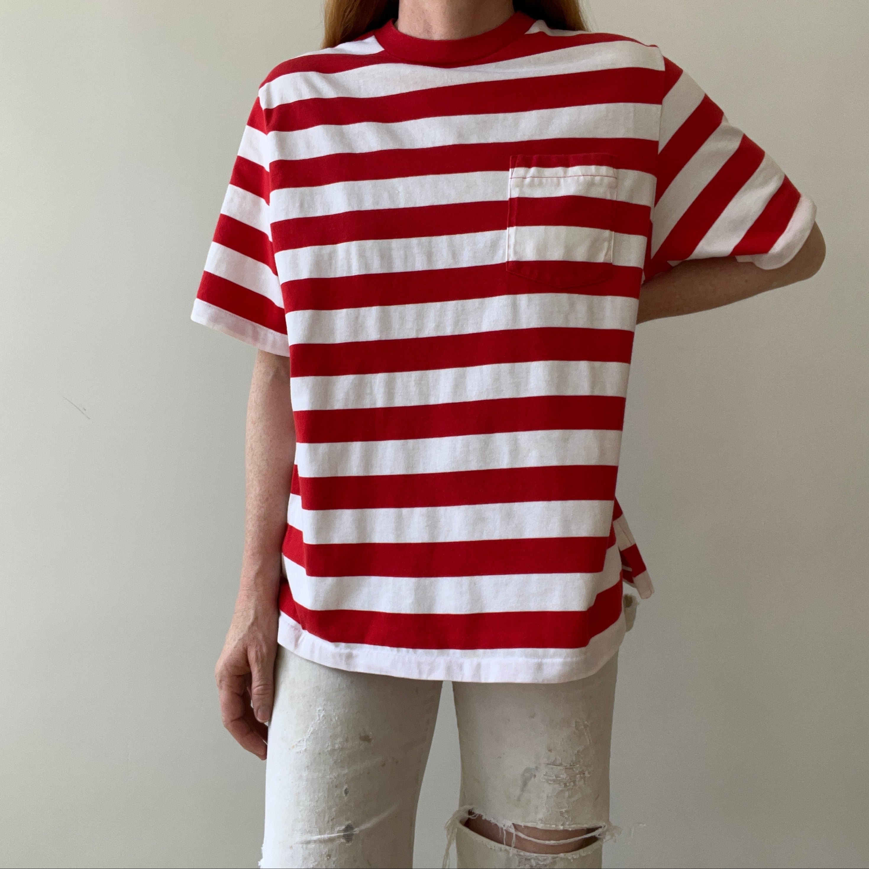 1990s Red and White Striped T-Shirt - USA Land's End Alert!