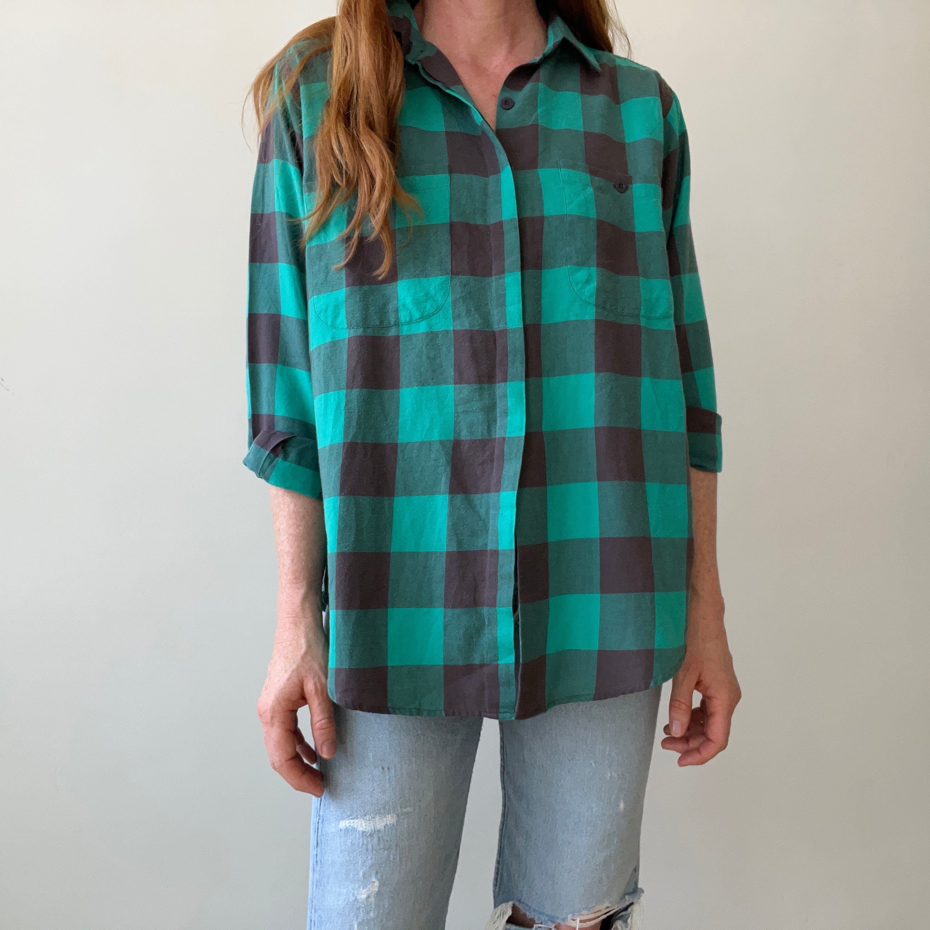 1980s/90s Teal Checkered Plaid Button Up - It's a VENEZIA!