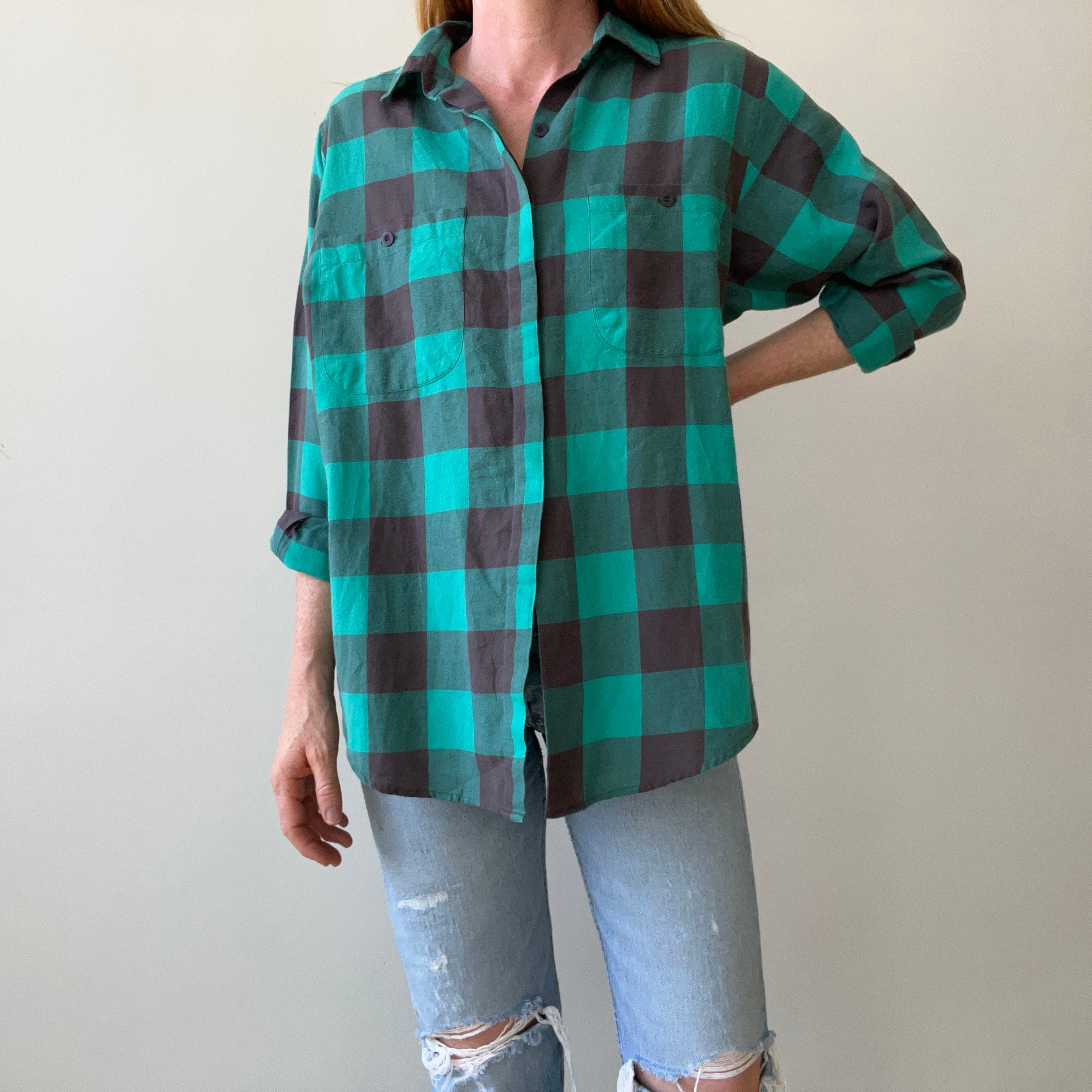 1980s/90s Teal Checkered Plaid Button Up - It's a VENEZIA!