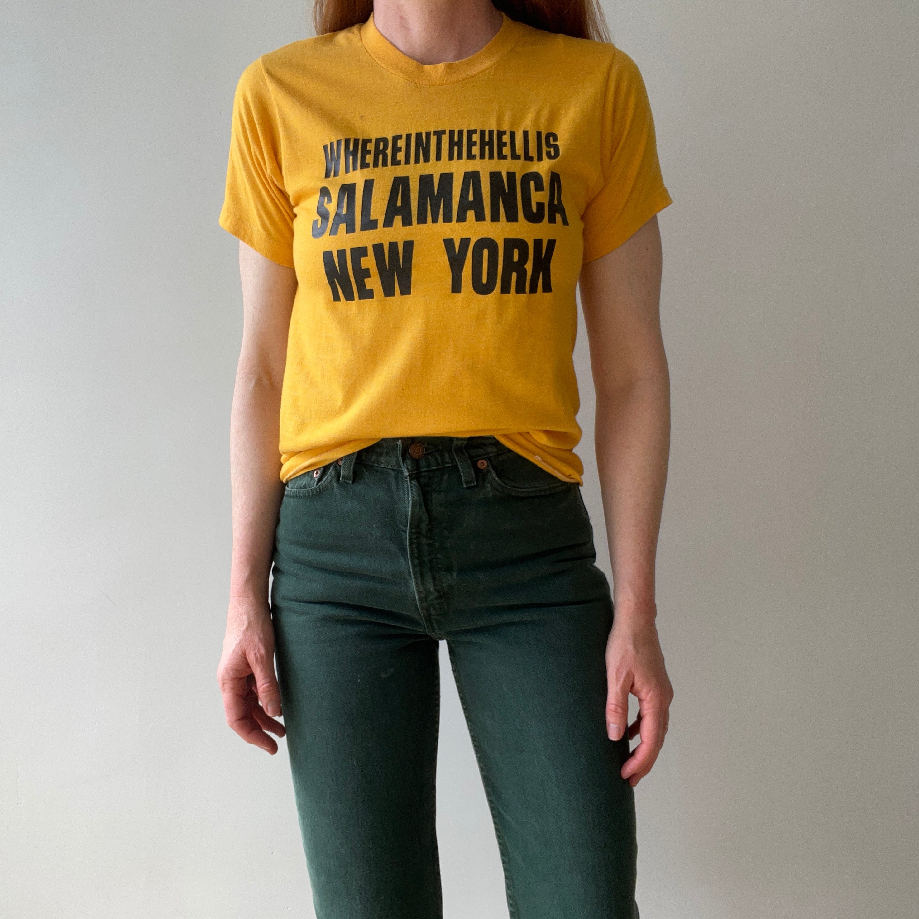 1970s Yellow, Where The Hell is Salamanca New York T-shirt