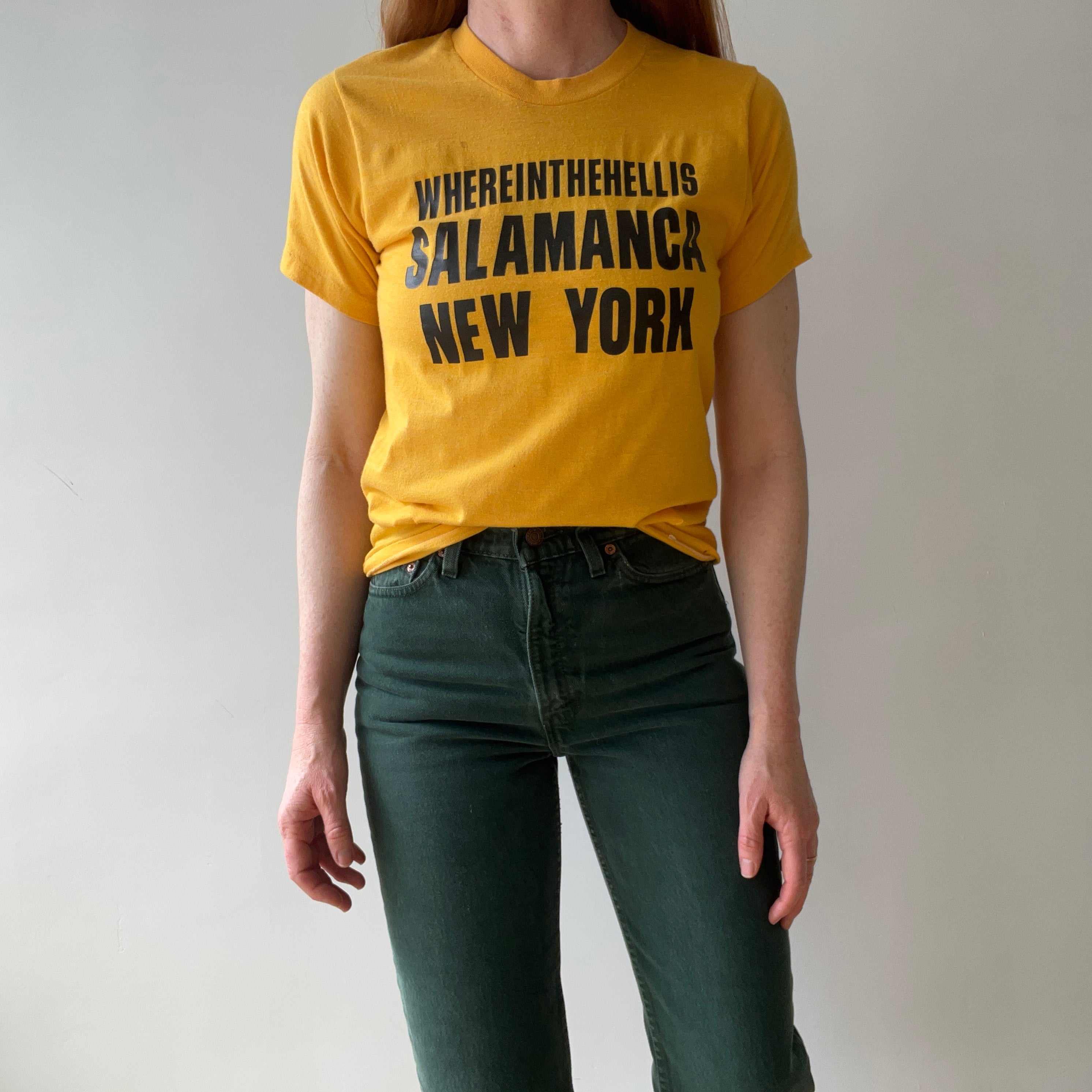 1970s Yellow, Where The Hell is Salamanca New York T-shirt
