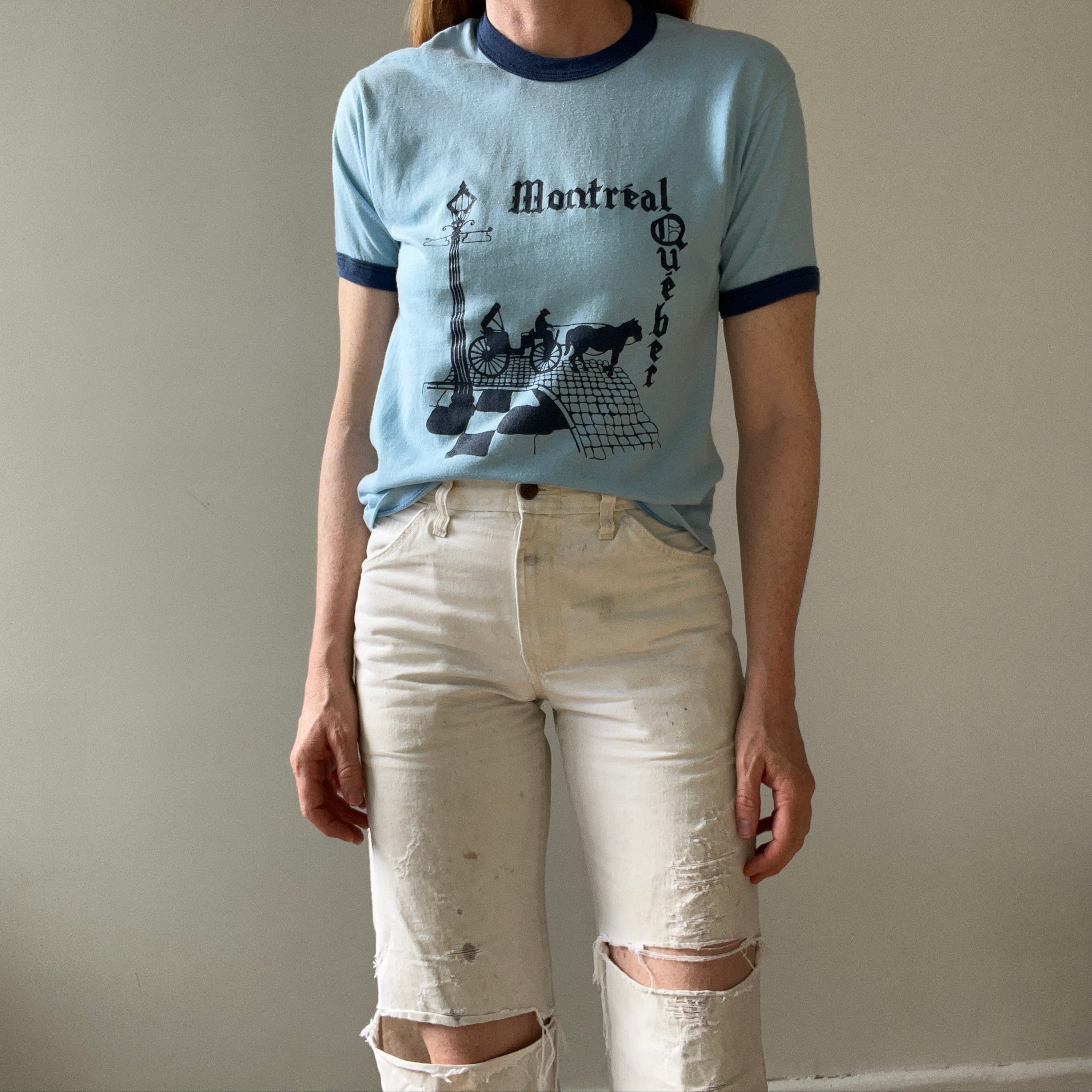 1970s Baby Blue Montreal Quebec Ringer T Shirt