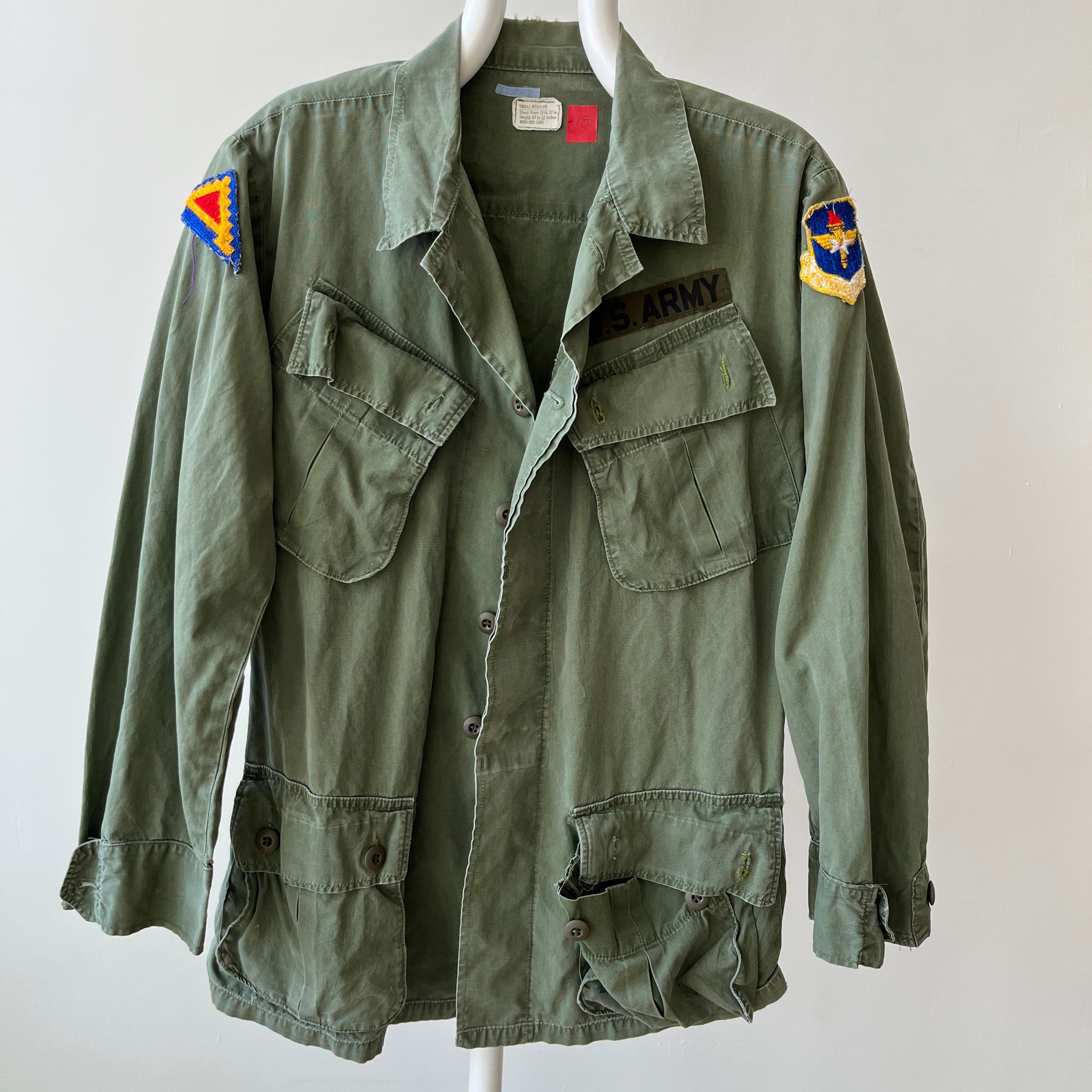 1969 Tattered Torn and Worn with Hand Repaired Button Holes Poplin Cotton Military Jacket