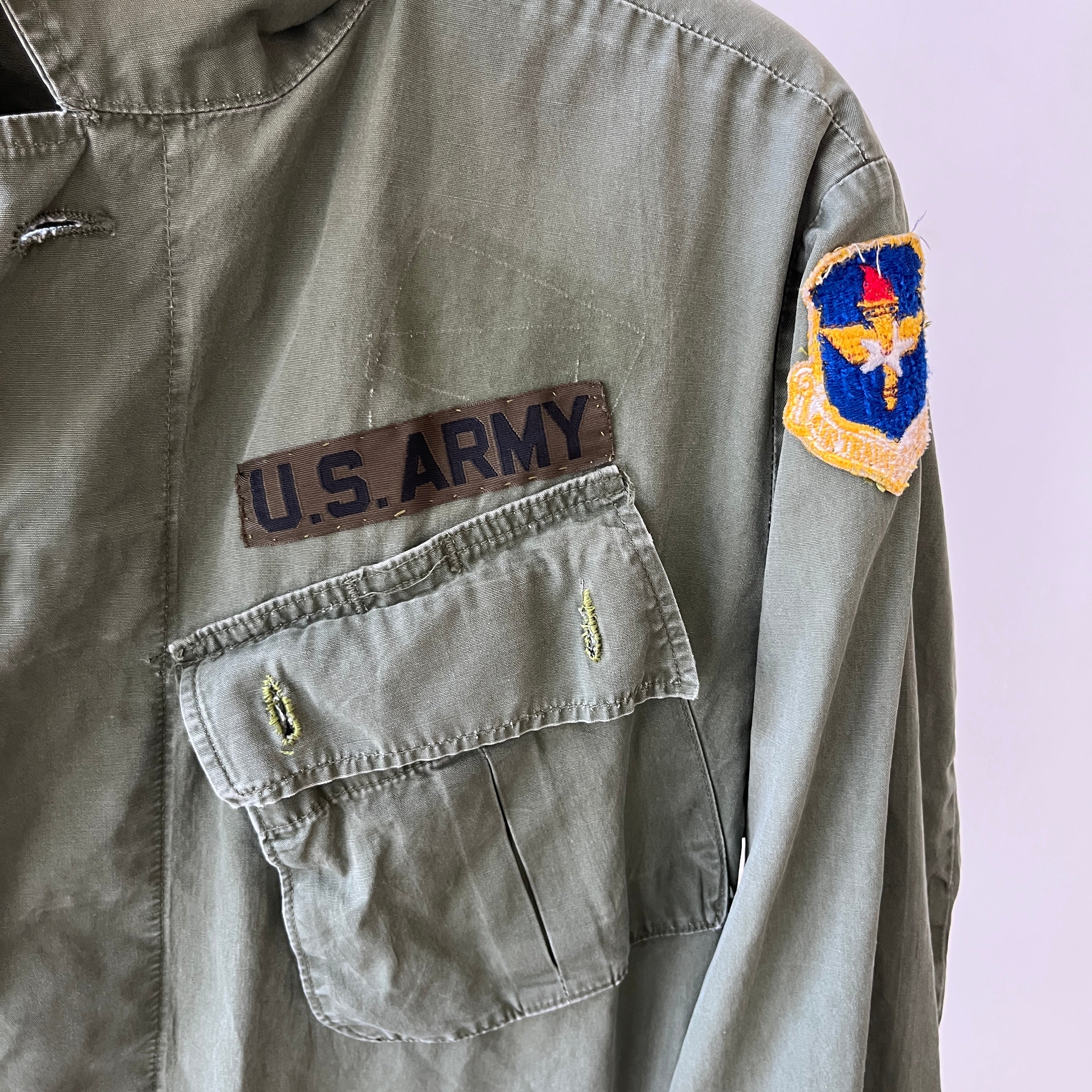 1969 Tattered Torn and Worn with Hand Repaired Button Holes Poplin Cotton Military Jacket