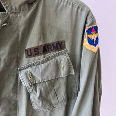 1969 Tattered Torn and Worn with Hand Repaired Button Holes Poplin Cotton Military Jacket