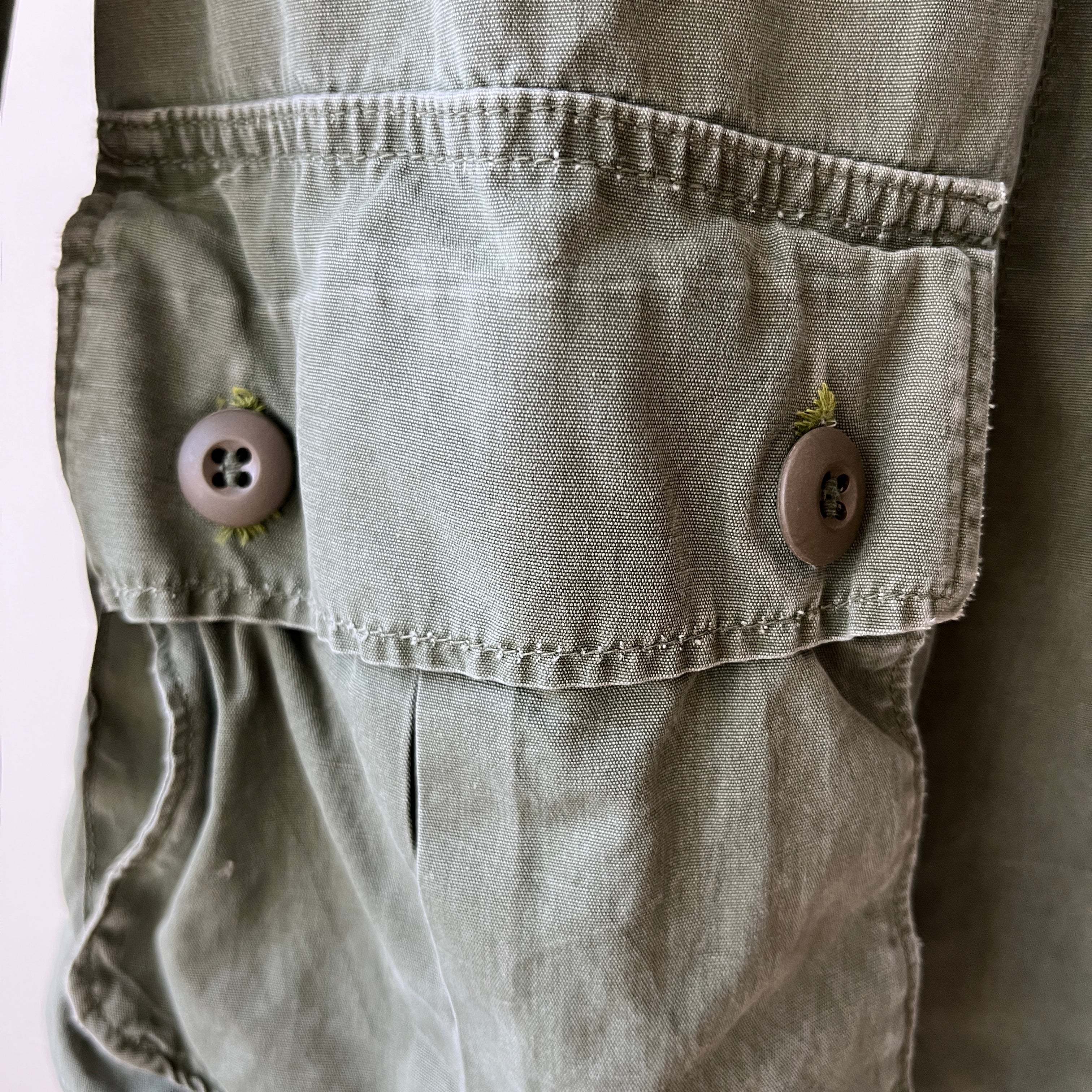 1969 Tattered Torn and Worn with Hand Repaired Button Holes Poplin Cotton Military Jacket