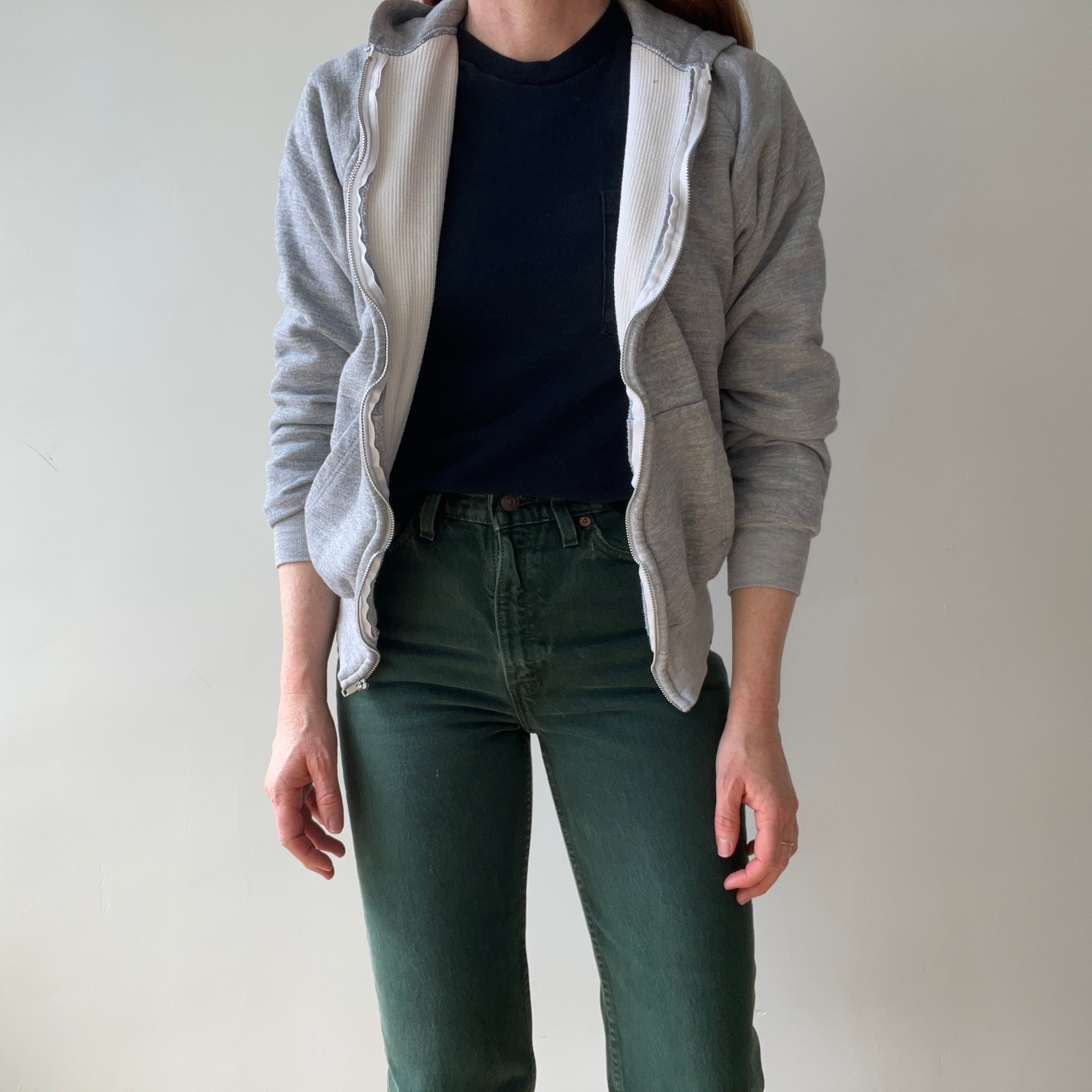 1980s Grey Waffle Lined Zip Up Hoodie