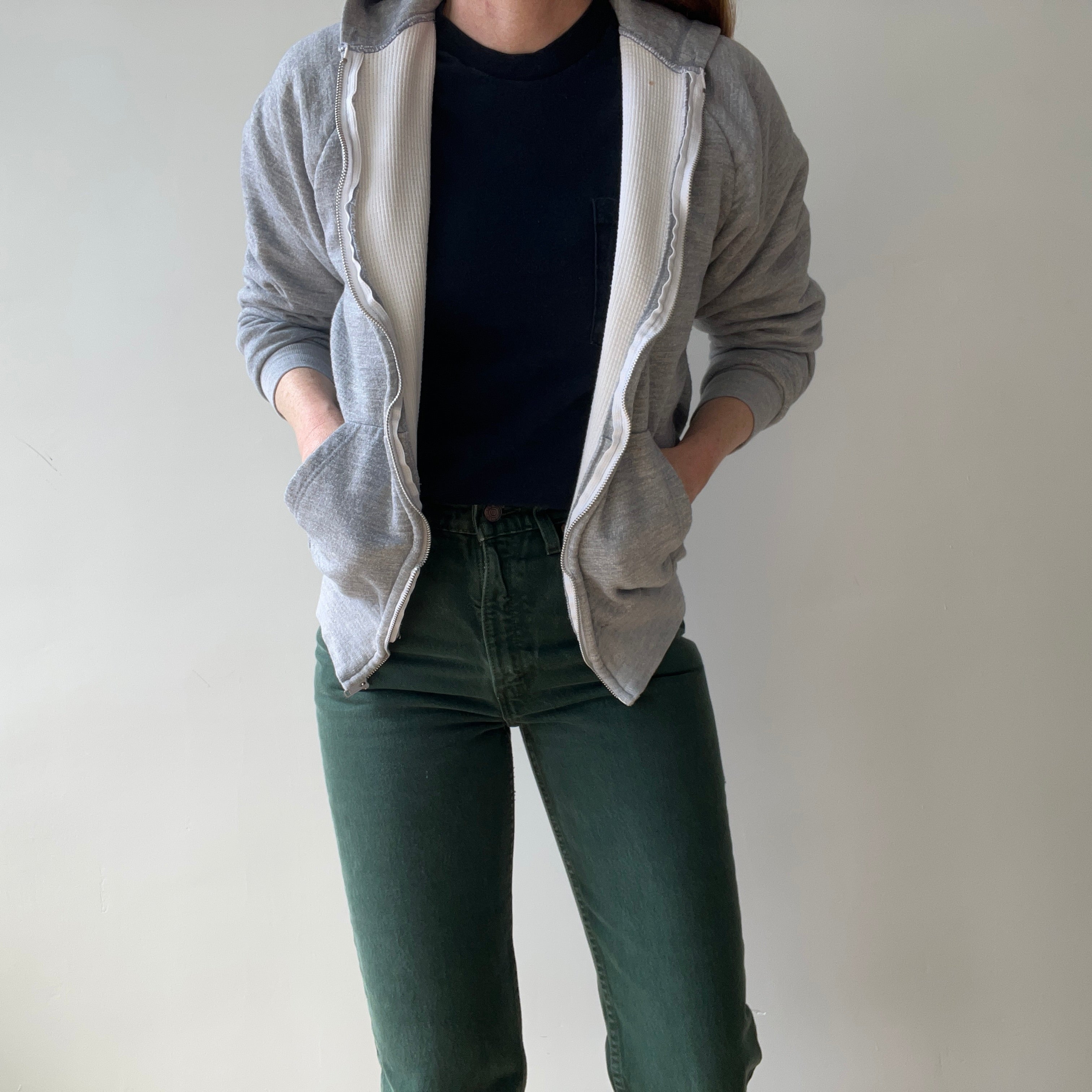 1980s Grey Waffle Lined Zip Up Hoodie