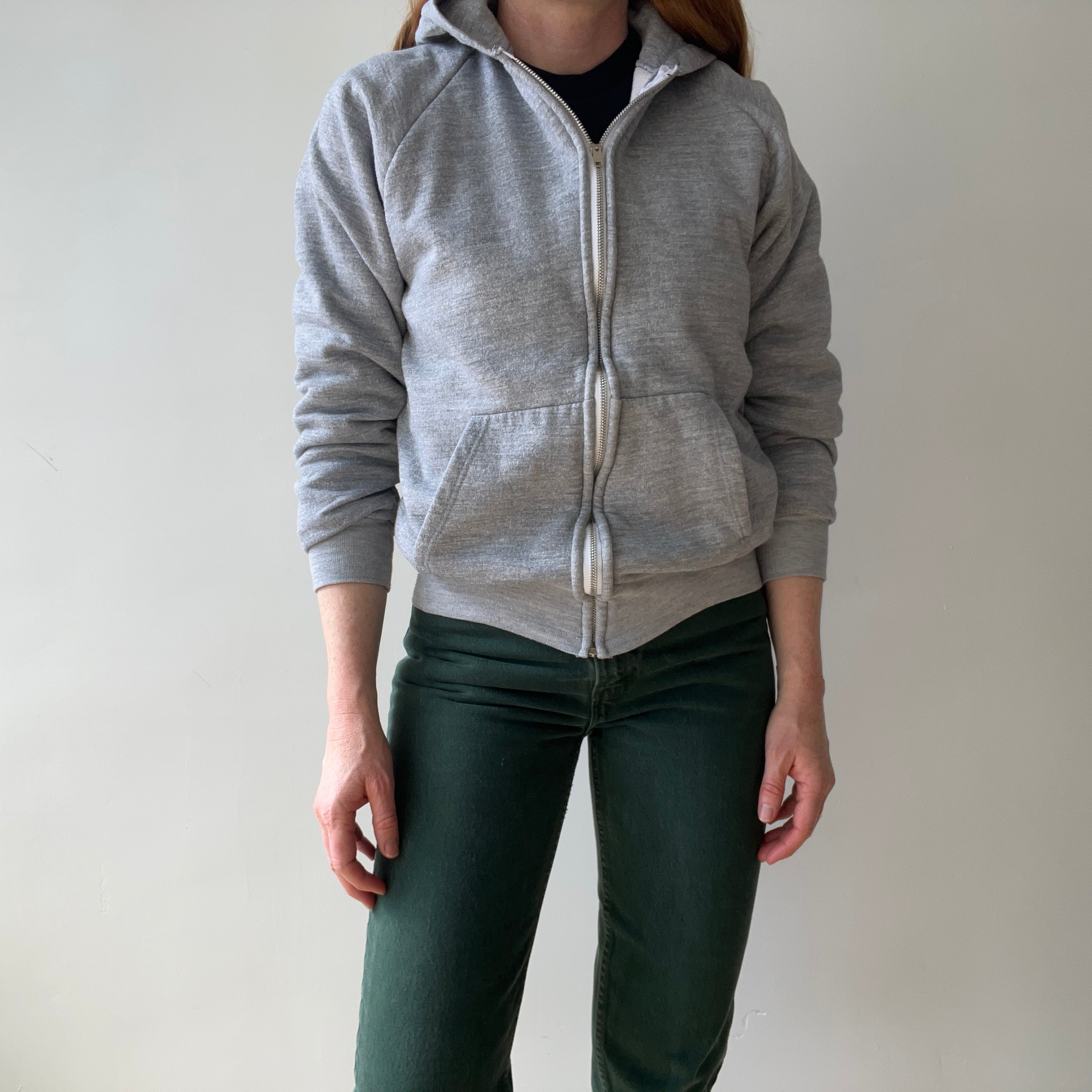 1980s Grey Waffle Lined Zip Up Hoodie