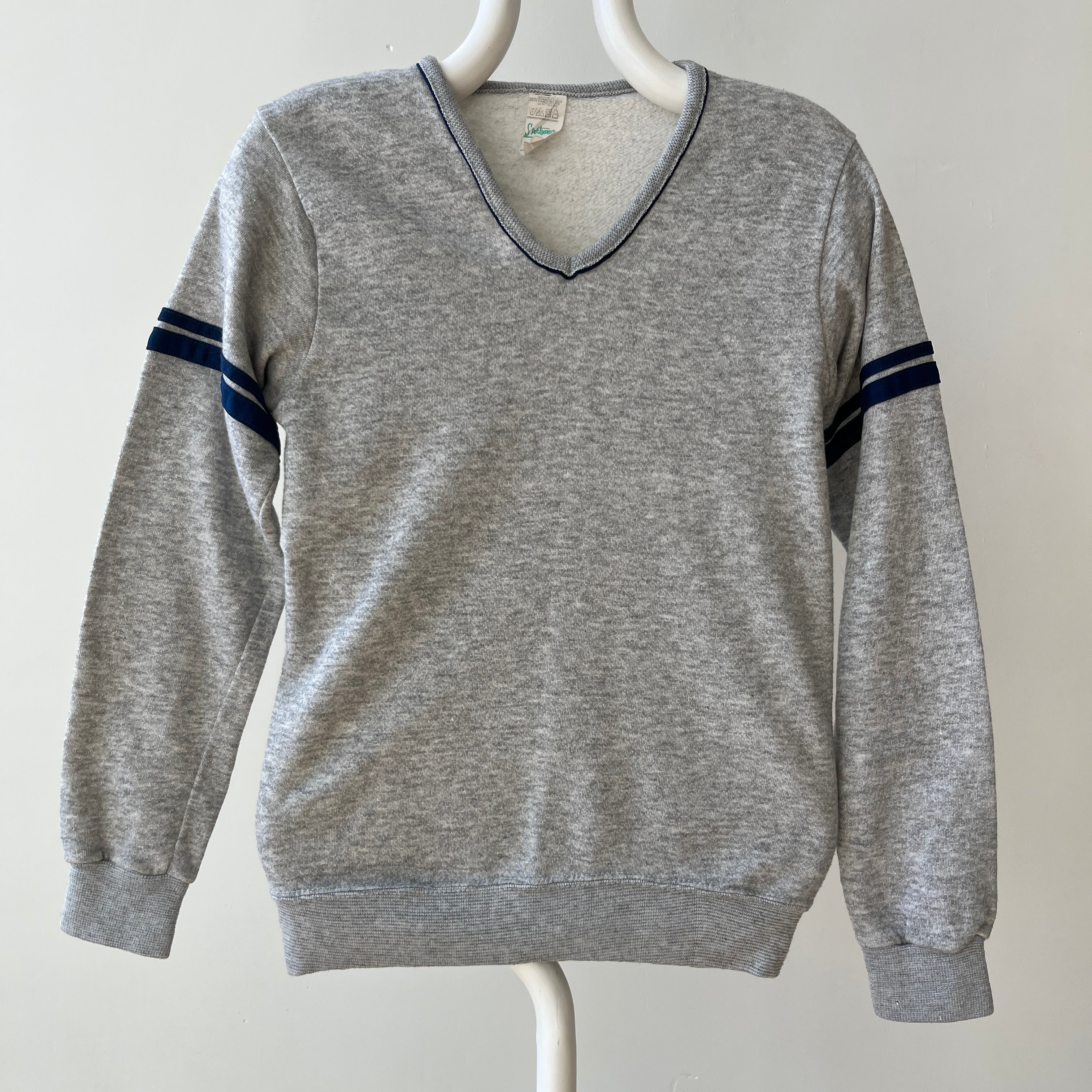 1970s  Grey V Neck Sweatshirt with Arm Striping