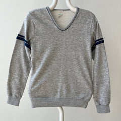 1970s  Grey V Neck Sweatshirt with Arm Striping