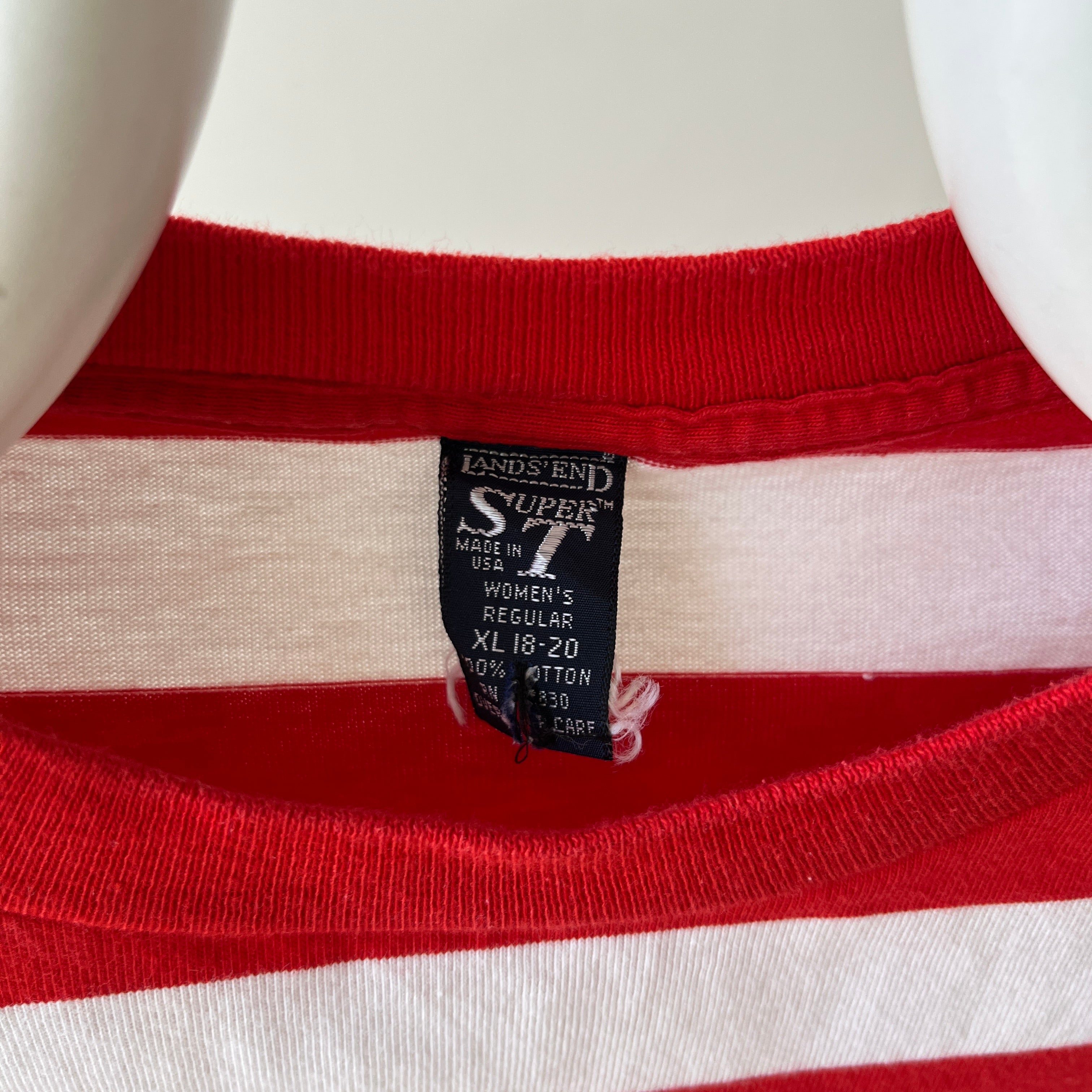 1990s Red and White Striped T-Shirt - USA Land's End Alert!
