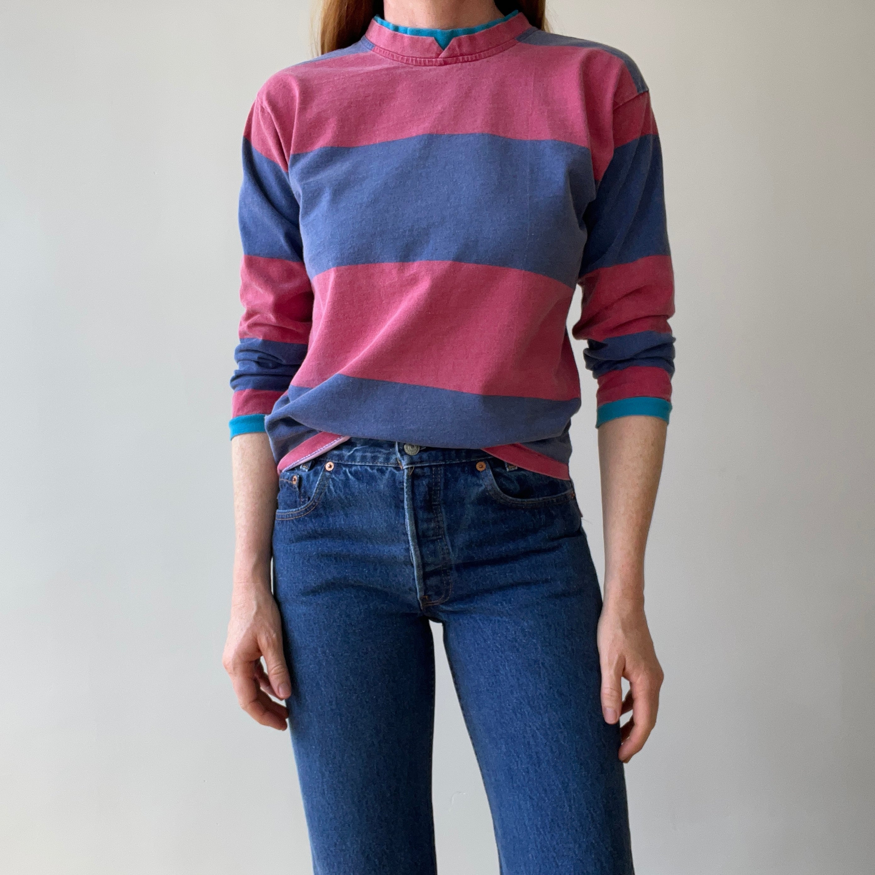 1980s Striped Long Sleeve T-Shirt with Double Collar