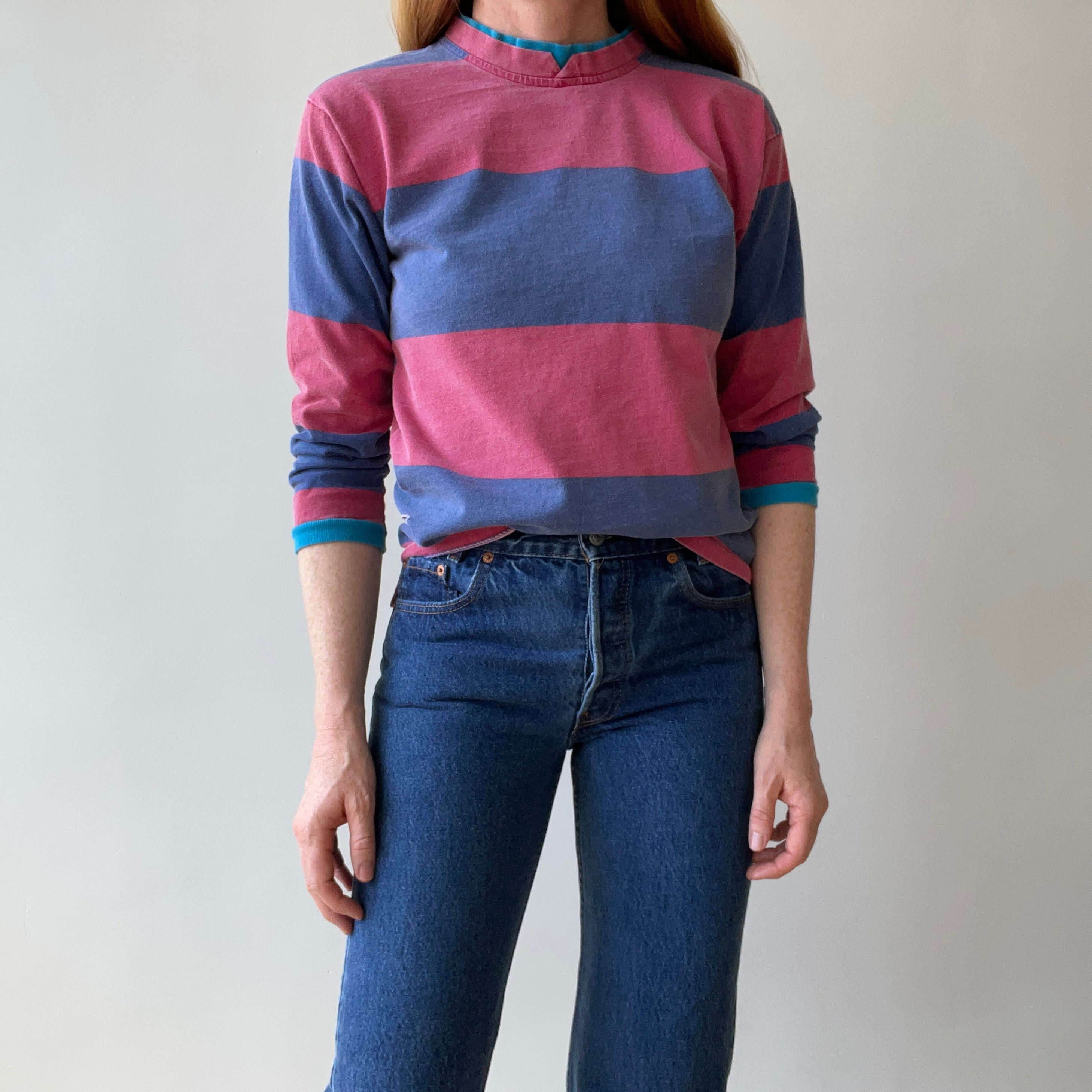 1980s Striped Long Sleeve T-Shirt with Double Collar