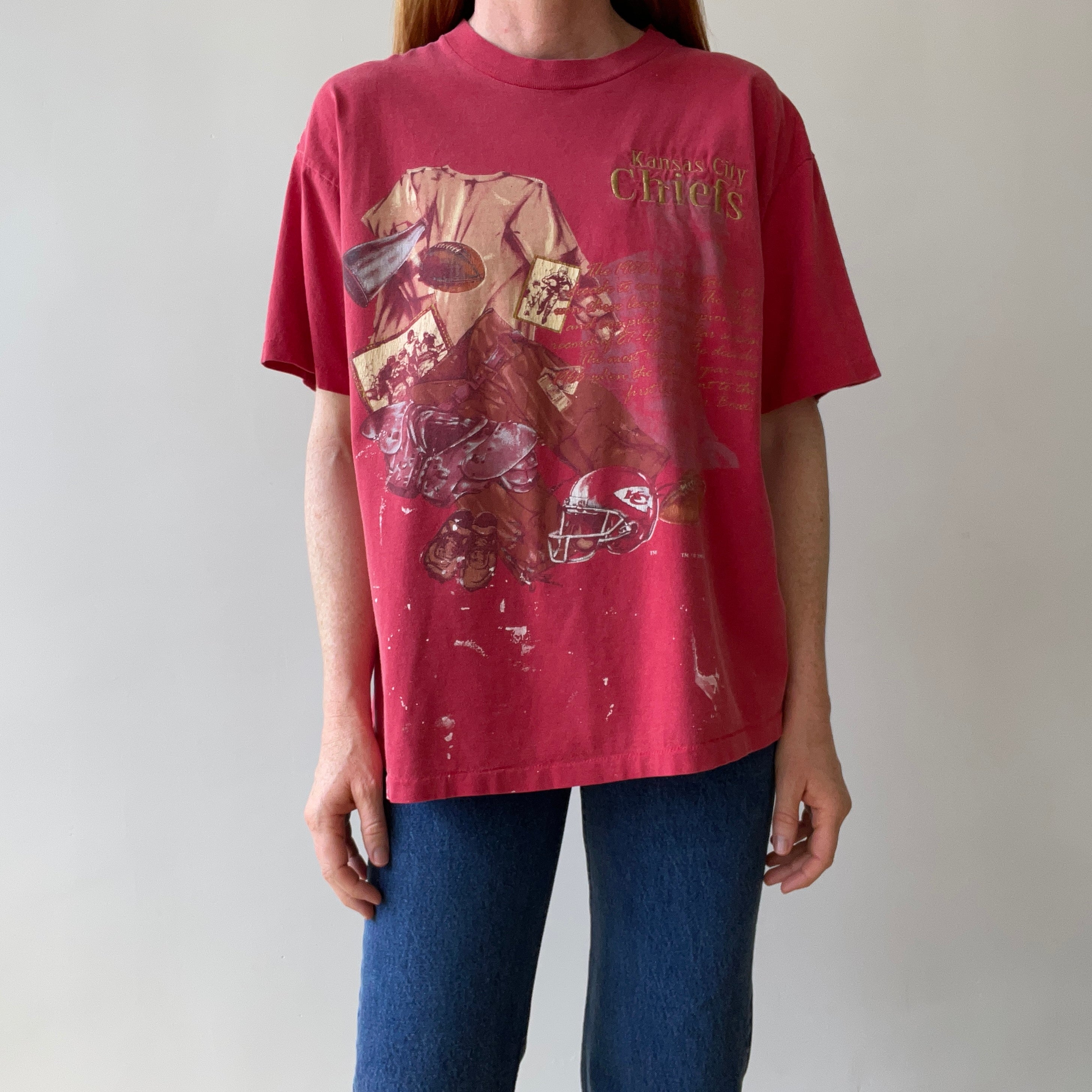 1993 Kansas City Chiefs Football T-Shirt - Paint Stained and Beat Up