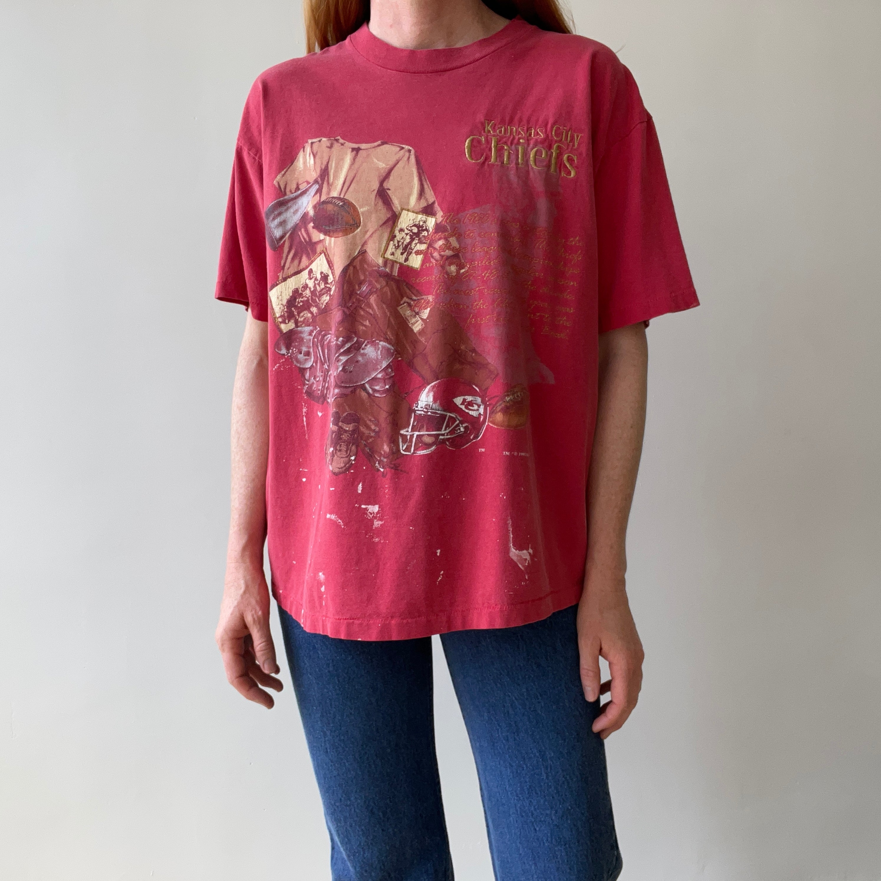 1993 Kansas City Chiefs Football T-Shirt - Paint Stained and Beat Up