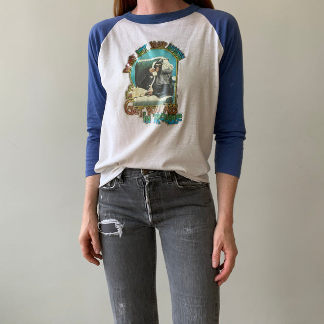 1980 J. Fred Muggs (iykyk) "Dont Let Your Mouth Get Your Ass In Trouble" Baseball Shirt