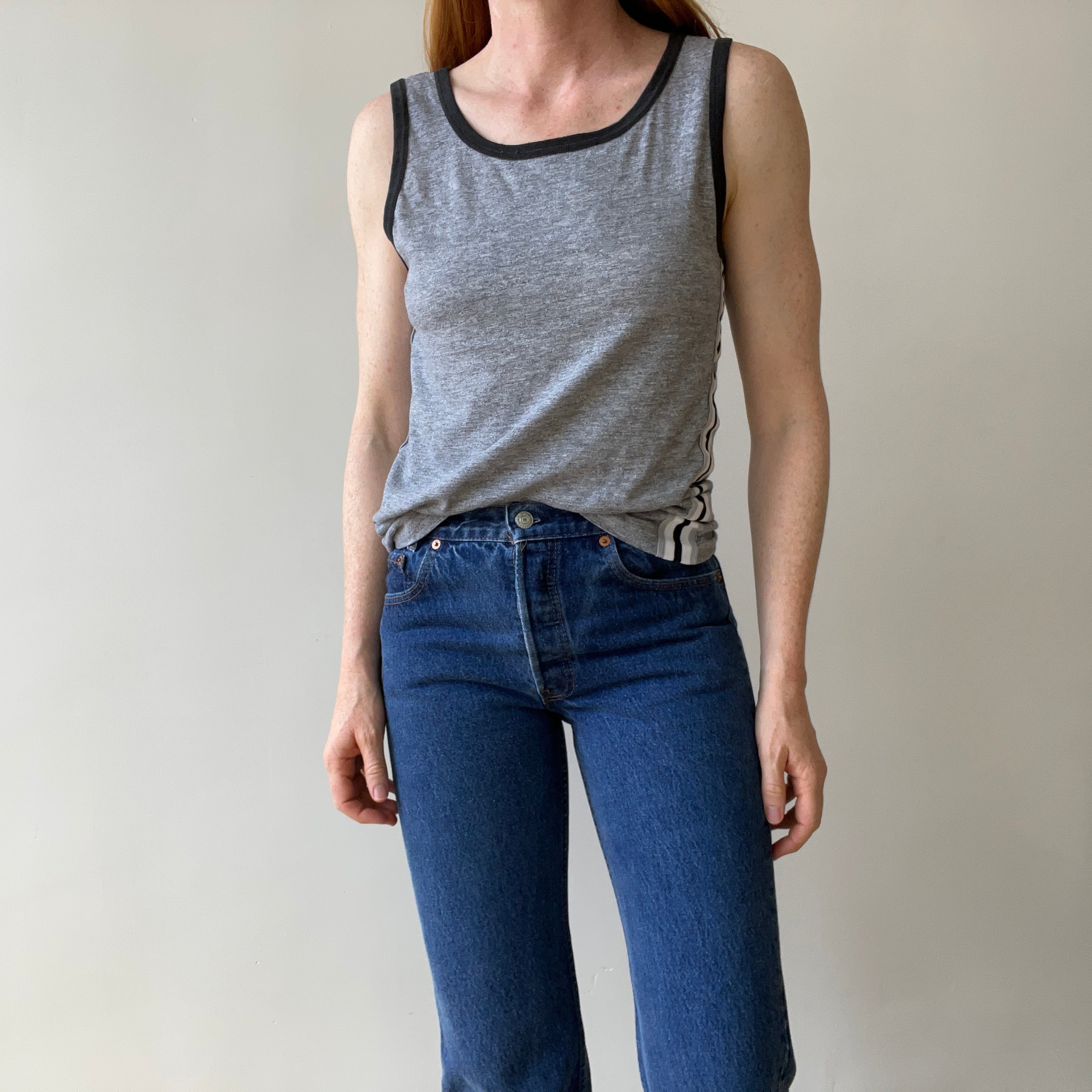 1980s Grey Ringer Tank Top with Side Racing Stripes