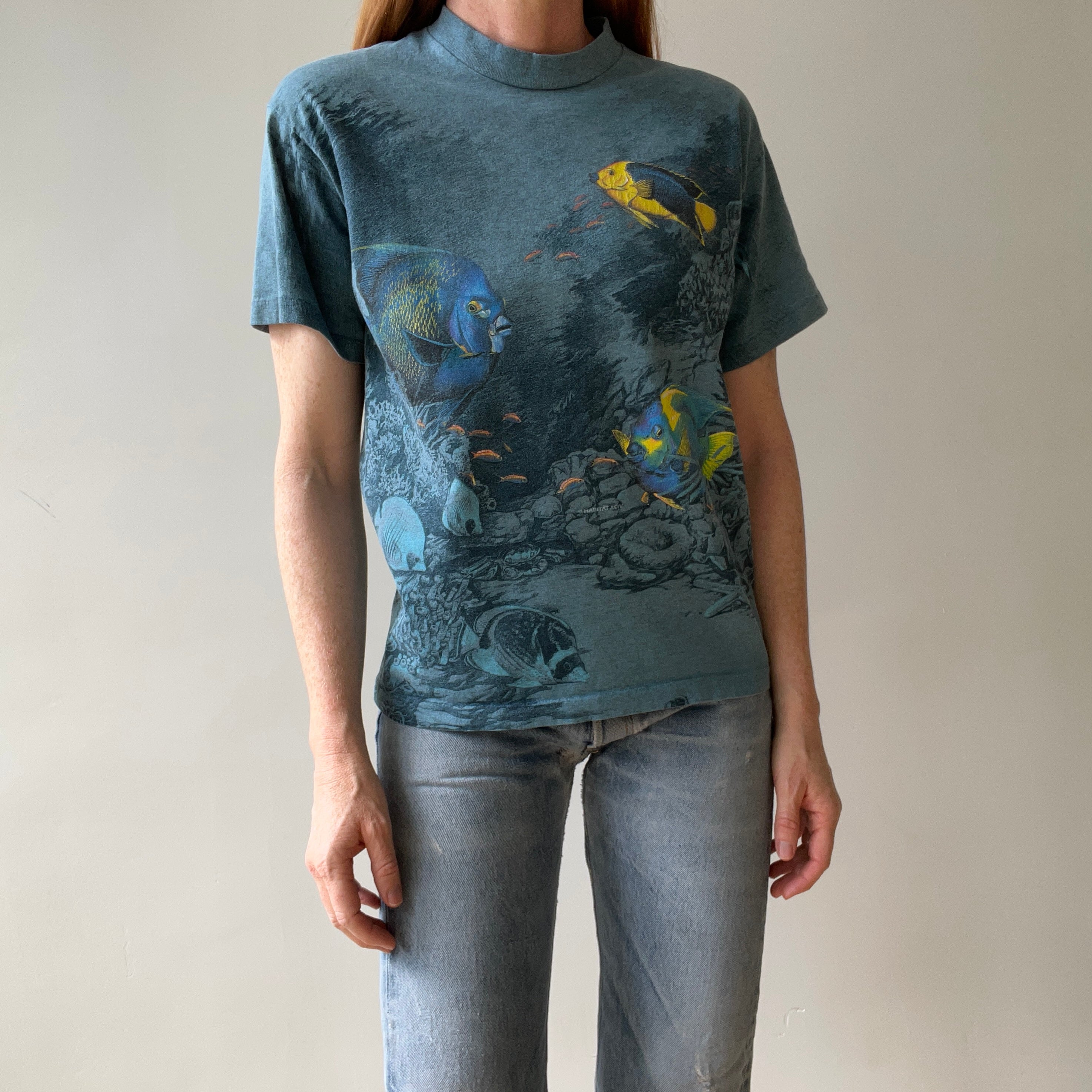 1990s Habitat All Over Print Fish T Shirt - Wrap Around Alert