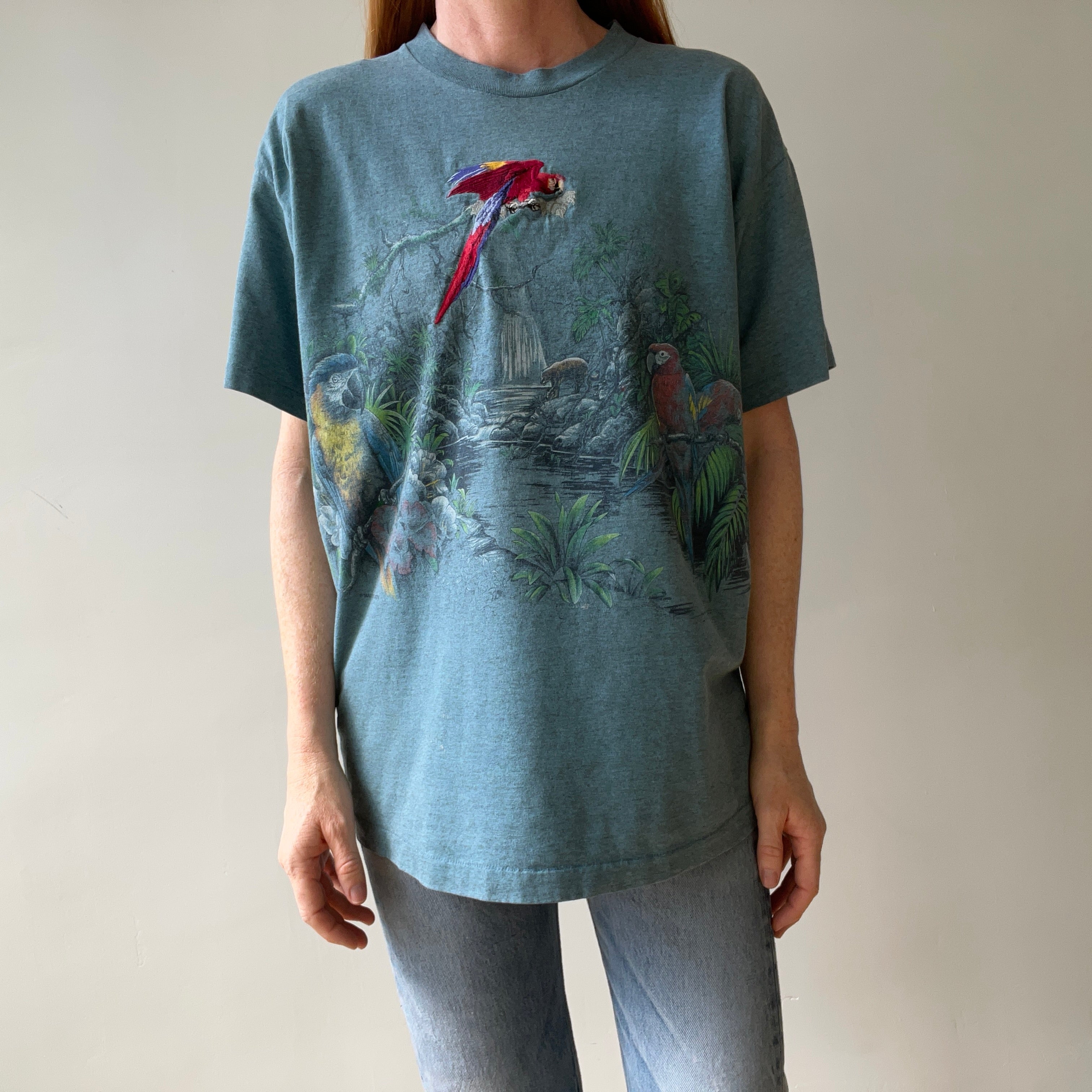 1990s Habitat Embroidered Parrot Rainforest T Shirt