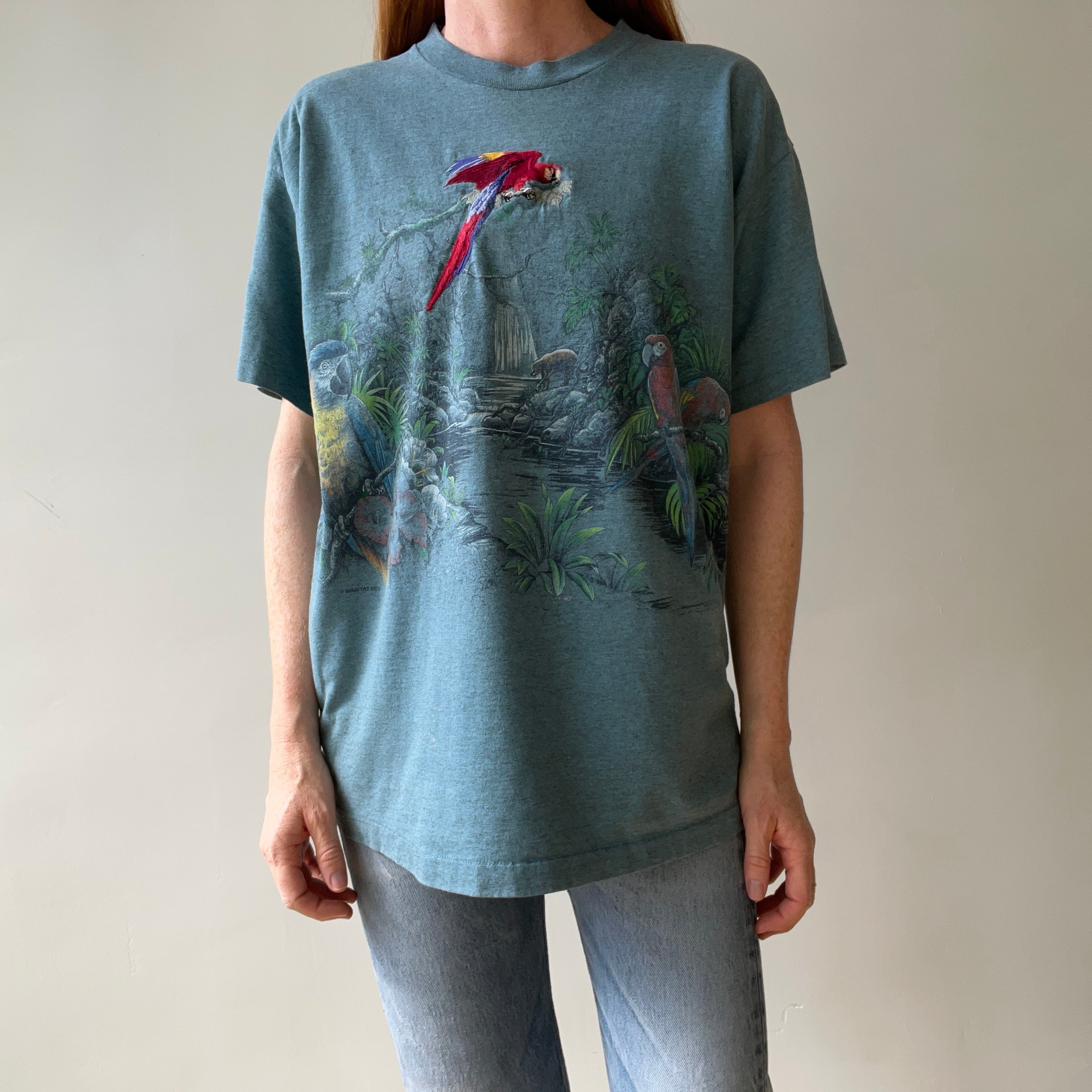 1990s Habitat Embroidered Parrot Rainforest T Shirt