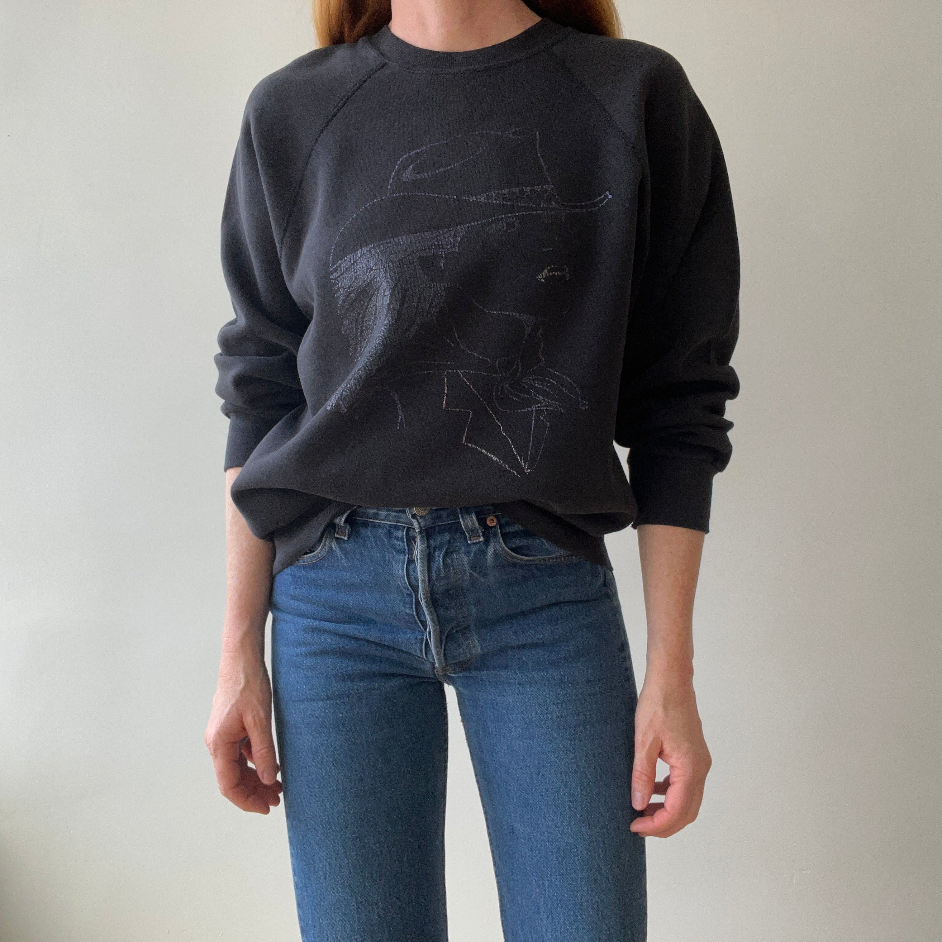 1980s/90s Faded Black Cowgirl Print Sweatshirt - Gimme
