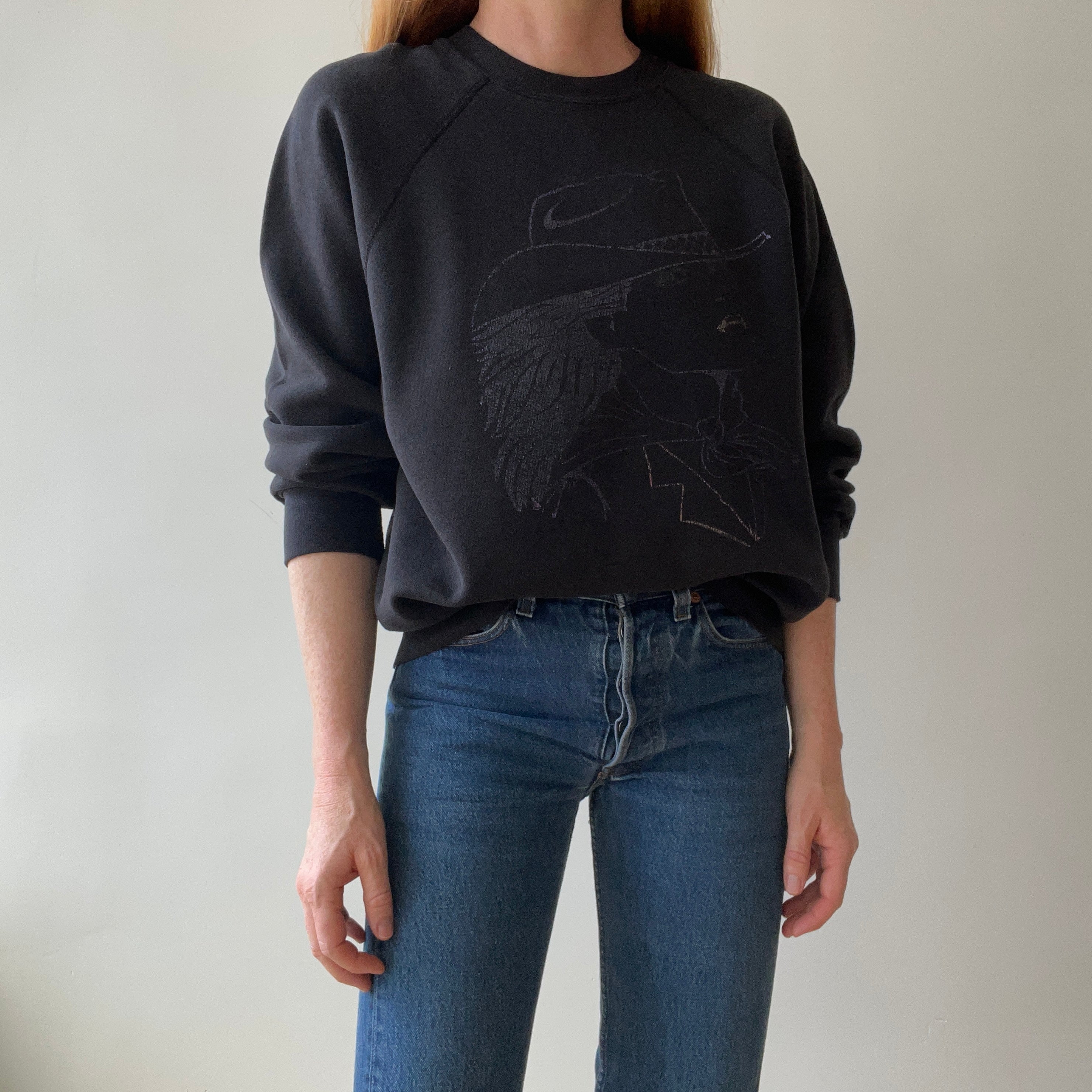 1980s/90s Faded Black Cowgirl Print Sweatshirt - Gimme