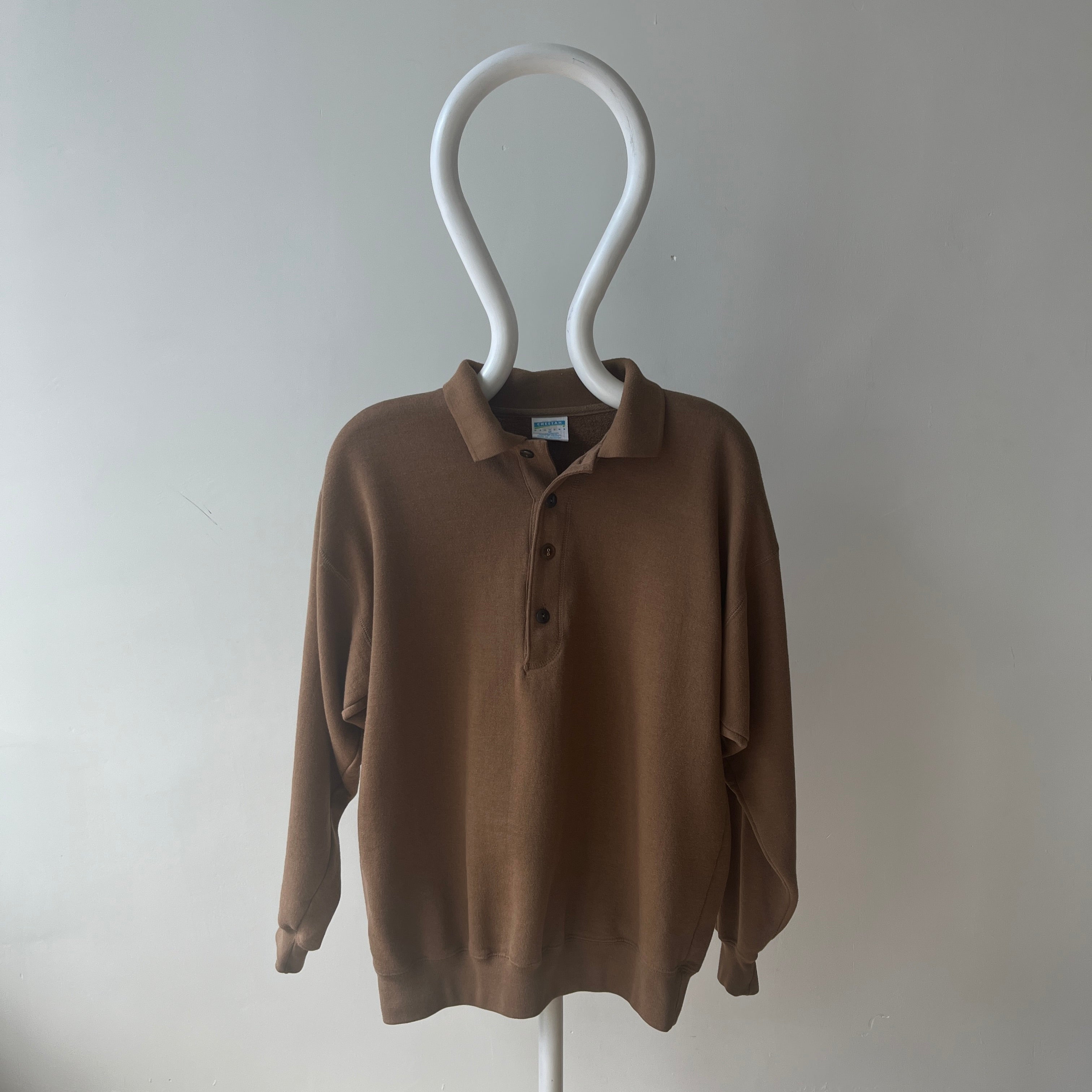 1990s Caramel Brown Henley Sweatshirt with a Replaced Button