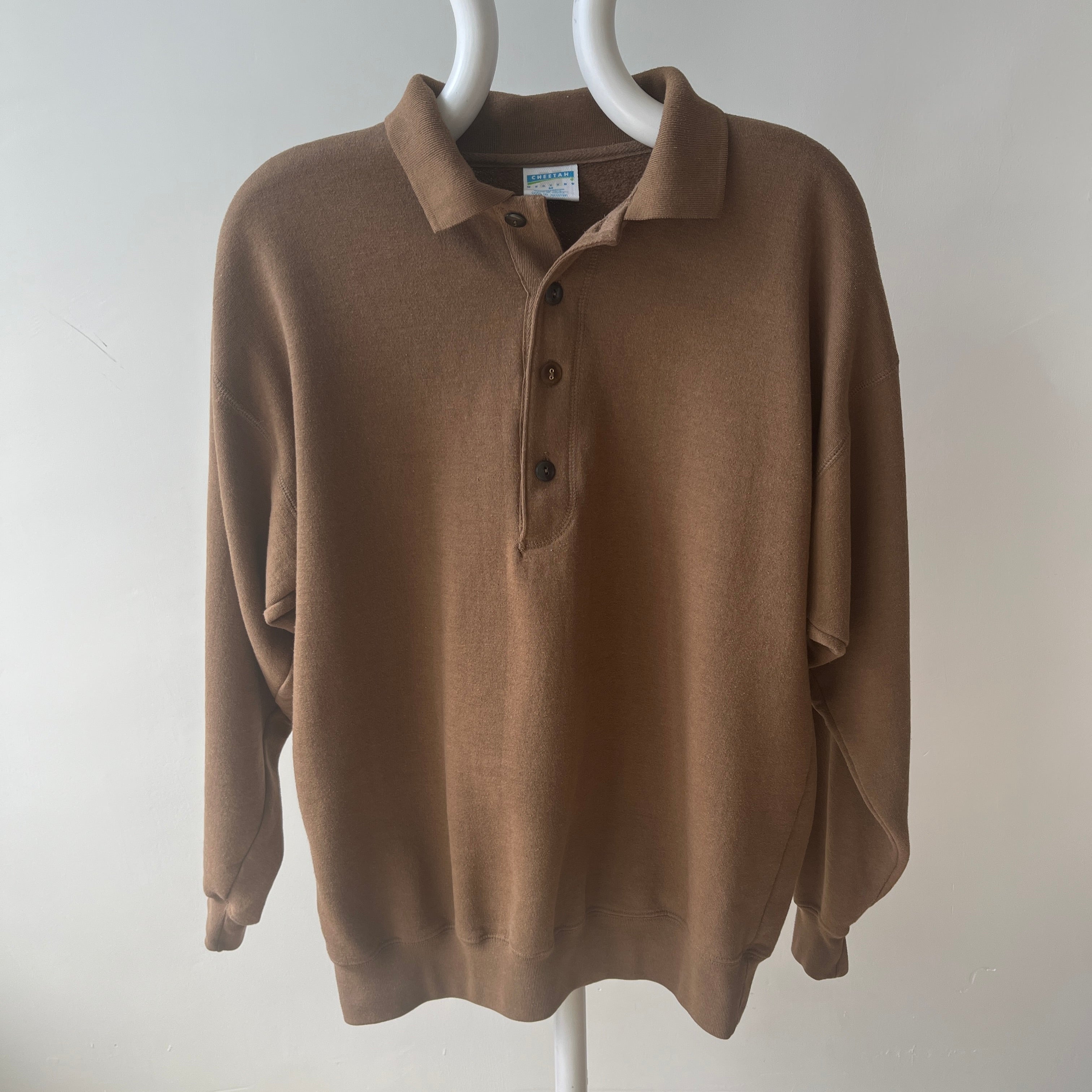 1990s Caramel Brown Henley Sweatshirt with a Replaced Button