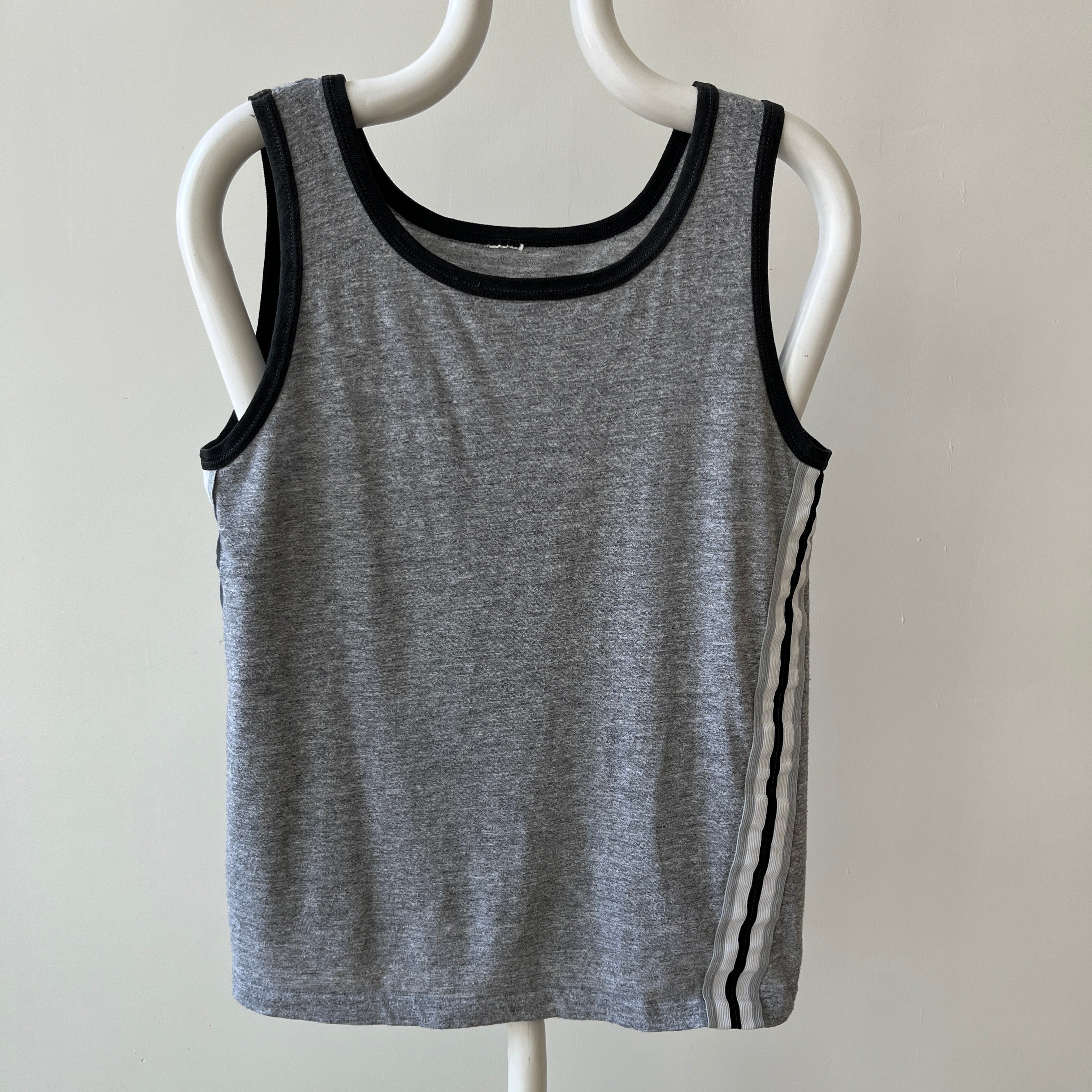 1980s Grey Ringer Tank Top with Side Racing Stripes