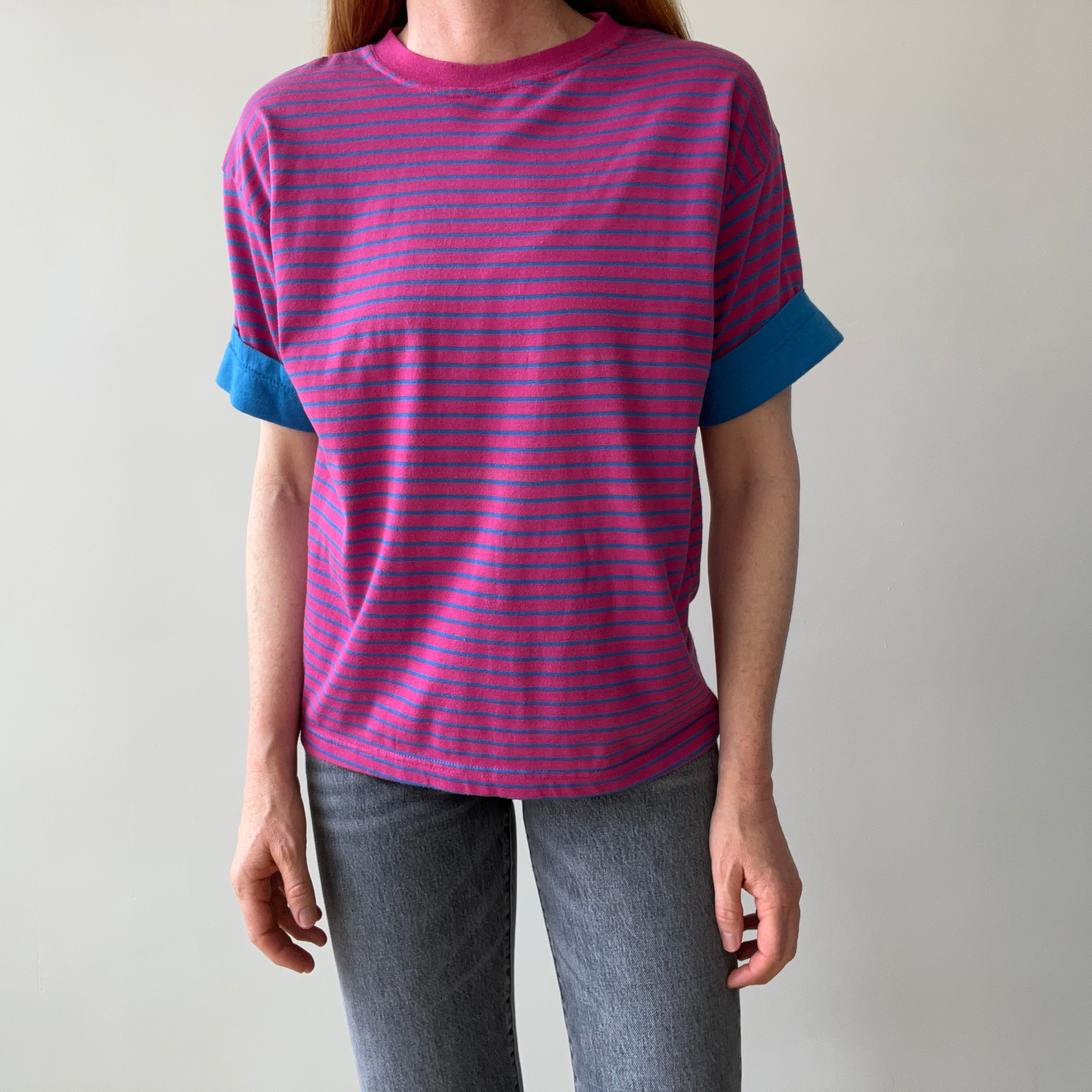 1990's Pink and Blue Striped T-Shirt