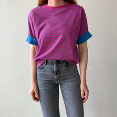 1990's Pink and Blue Striped T-Shirt