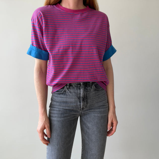 1990's Pink and Blue Striped T-Shirt