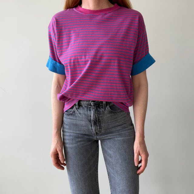 1990's Pink and Blue Striped T-Shirt
