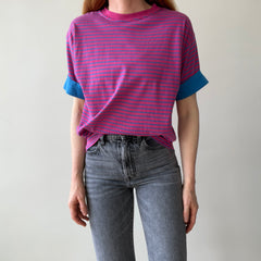 1990's Pink and Blue Striped T-Shirt