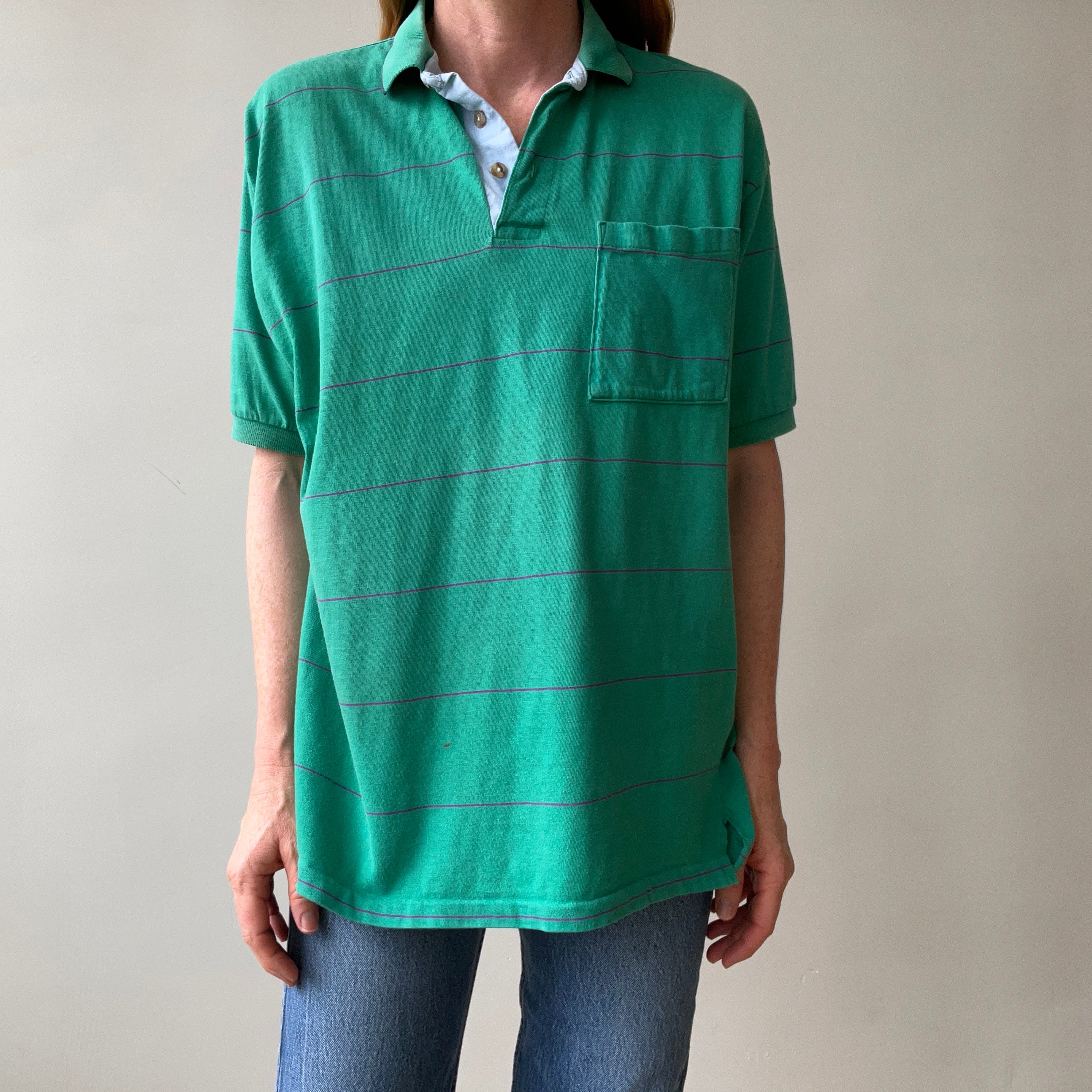 1980s Green/Teal Striped Polo T-Shirt