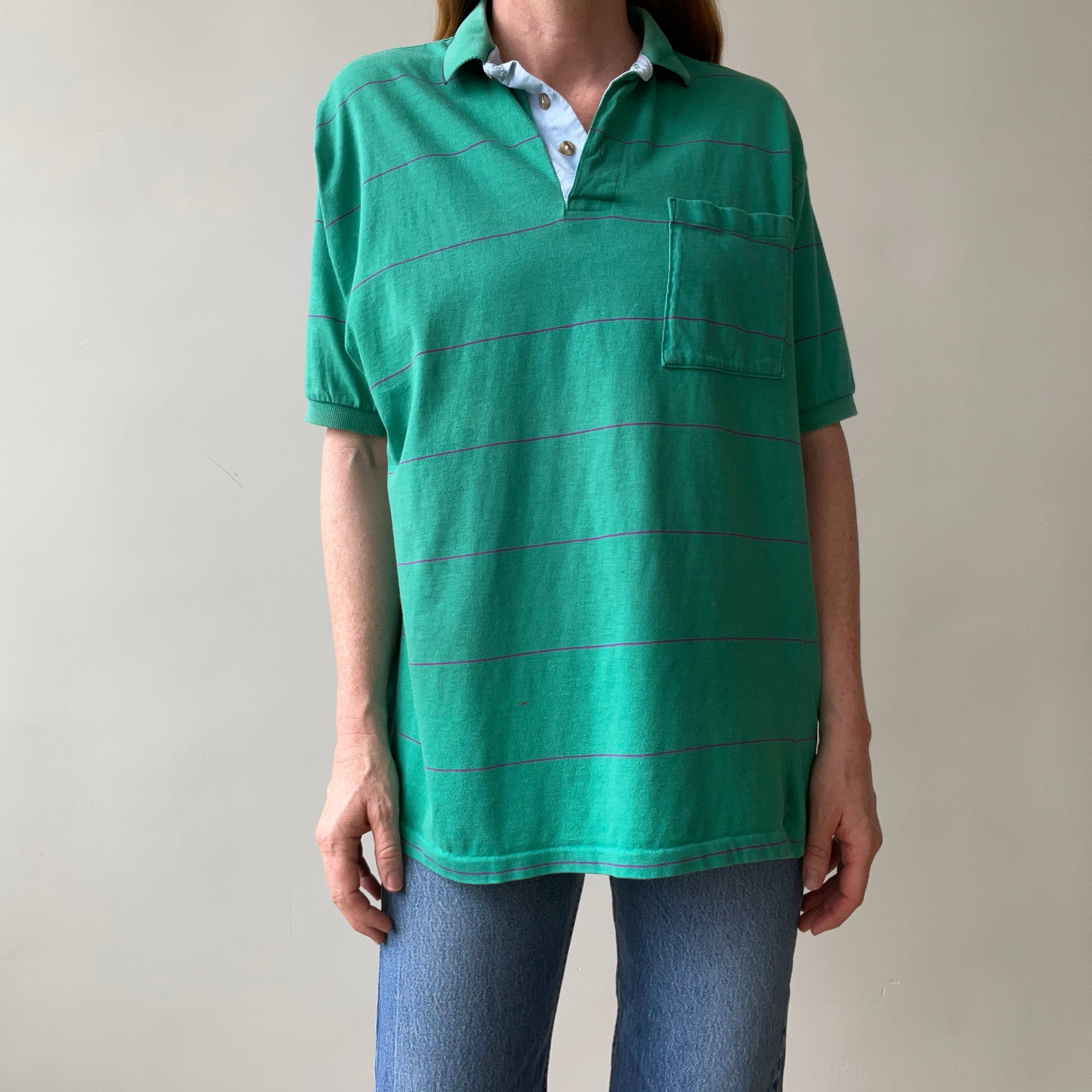 1980s Green/Teal Striped Polo T-Shirt