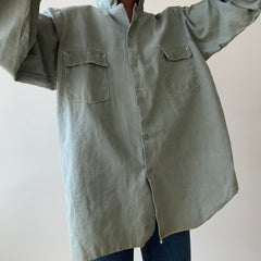 1950s Sage Green Cotton Canvas Like Work Shirt - Cool Contrast Stitching - Rare!