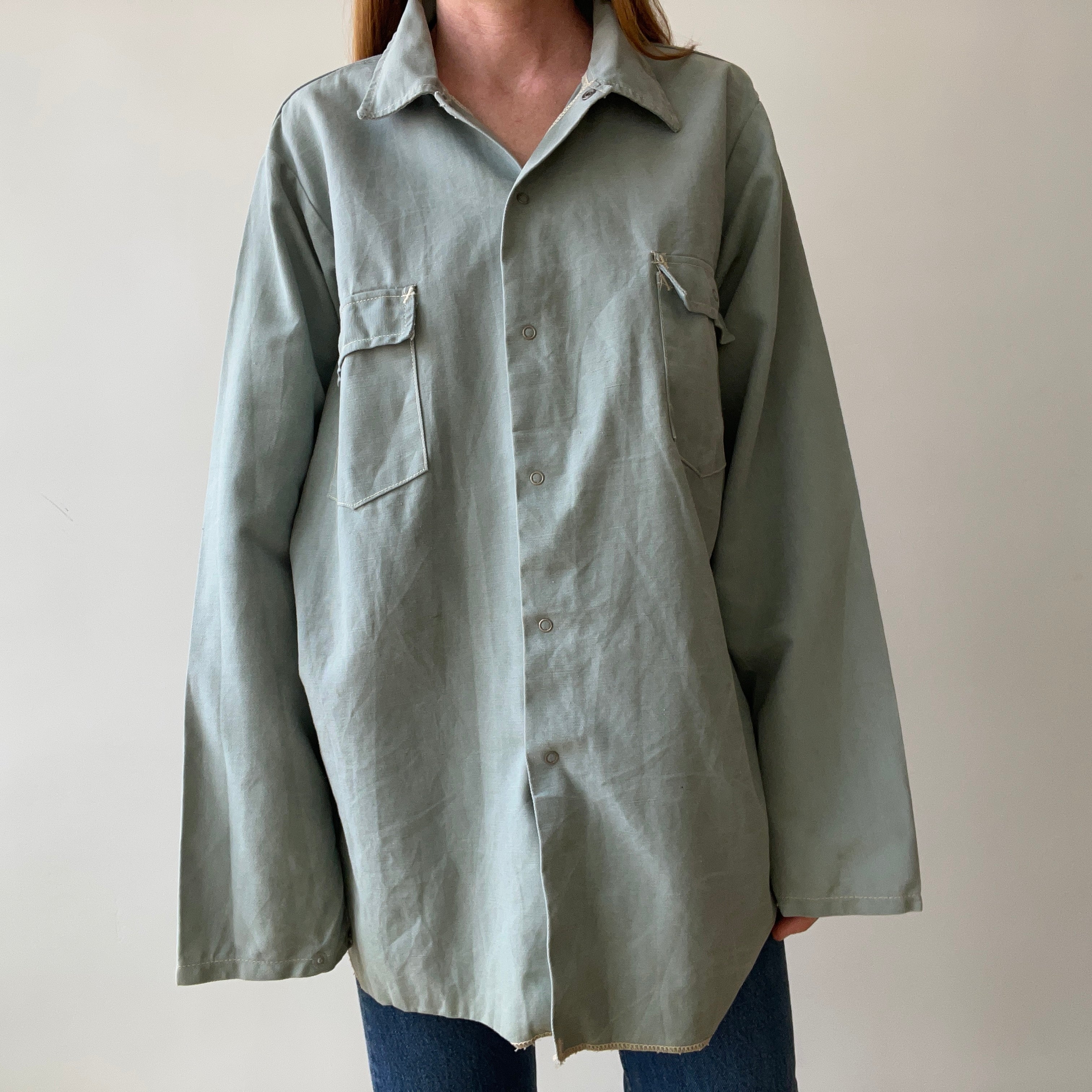 1950s Sage Green Cotton Canvas Like Work Shirt - Cool Contrast Stitching - Rare!