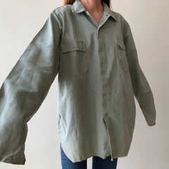 1950s Sage Green Cotton Canvas Like Work Shirt - Cool Contrast Stitching - Rare!