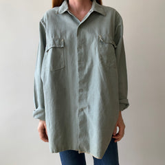 1950s Sage Green Cotton Canvas Like Work Shirt - Cool Contrast Stitching - Rare!