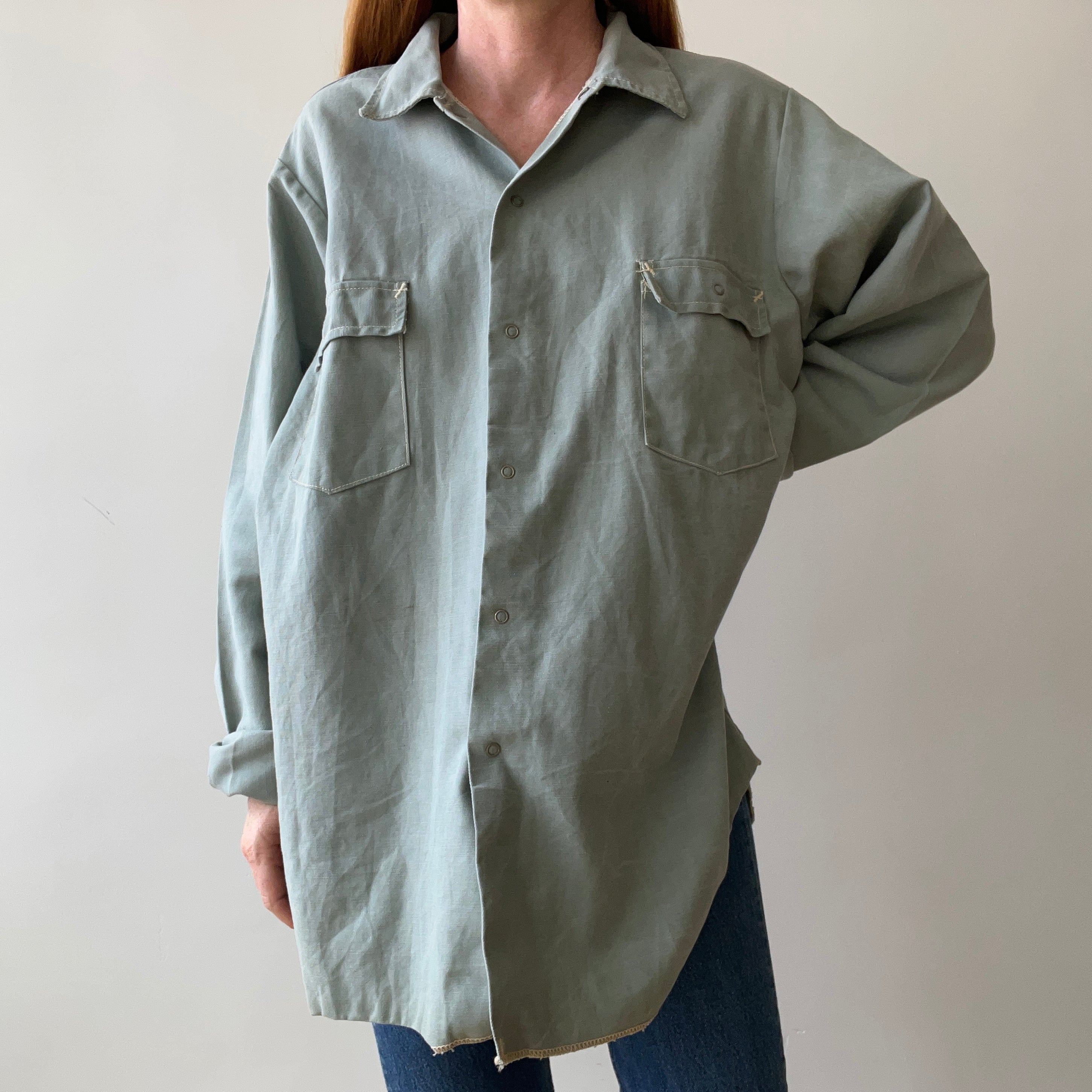 1950s Sage Green Cotton Canvas Like Work Shirt - Cool Contrast Stitching - Rare!