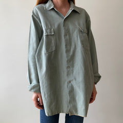 1950s Sage Green Cotton Canvas Like Work Shirt - Cool Contrast Stitching - Rare!