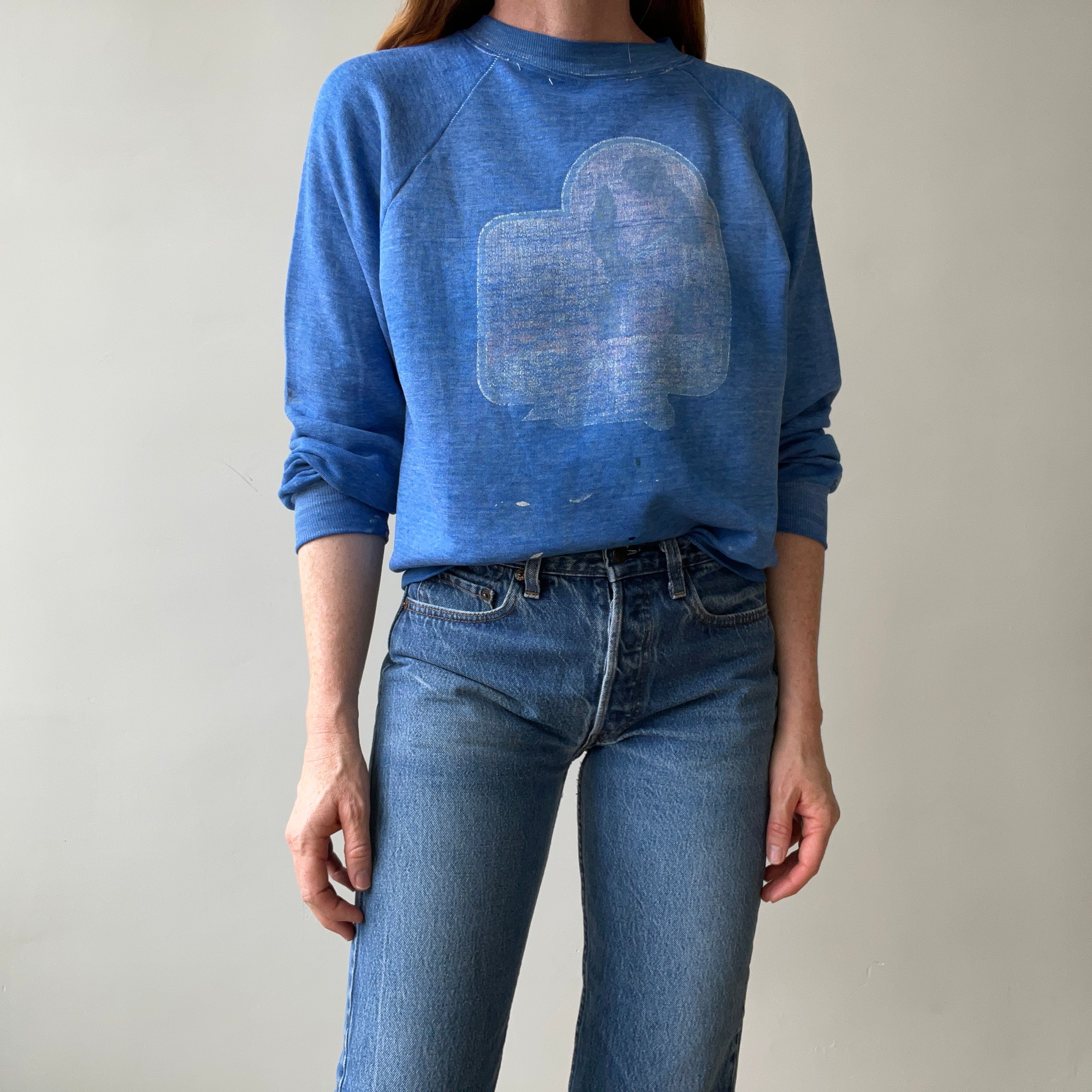 1970s Faded Graphic Sweatshirt - Chimpanzee/Monkey with a Broom? Pop Culture