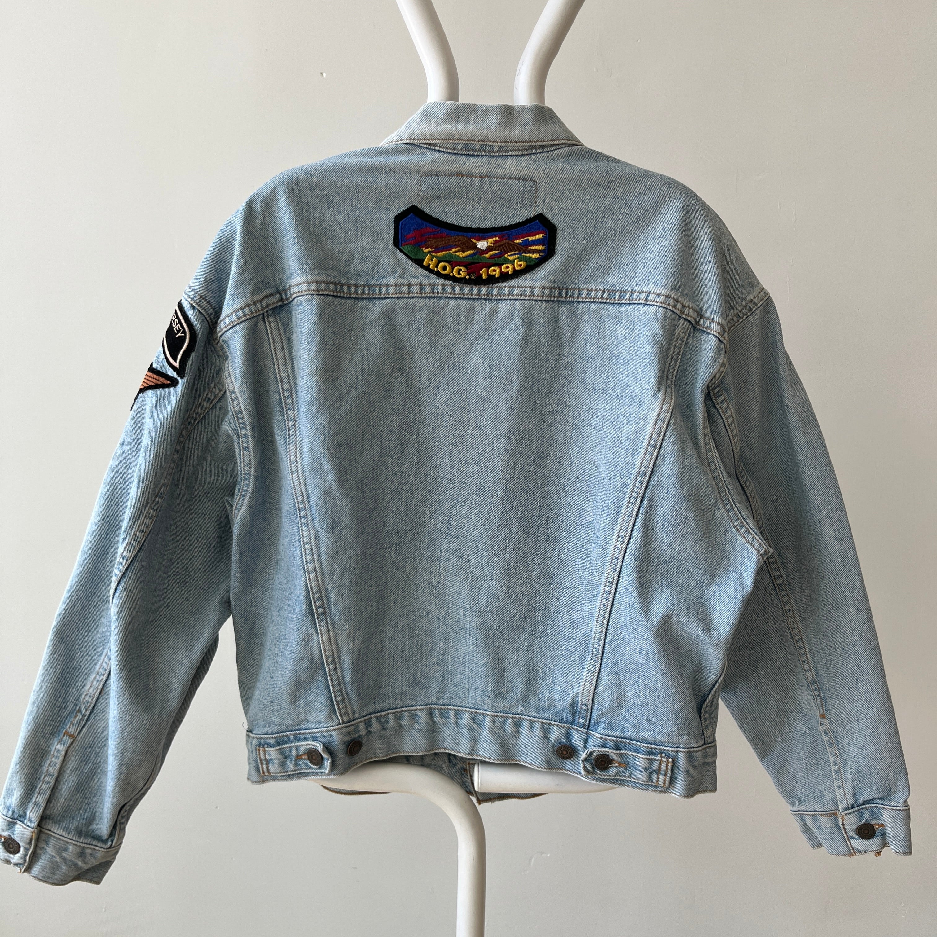 1990s Levis Denim Jacket with Harley Women's Patchwork on Sleeves and Back - RAD!