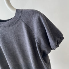 1980s Sun Faded Deep Gray/Black Short Sleeve Warm Up Sweatshirt
