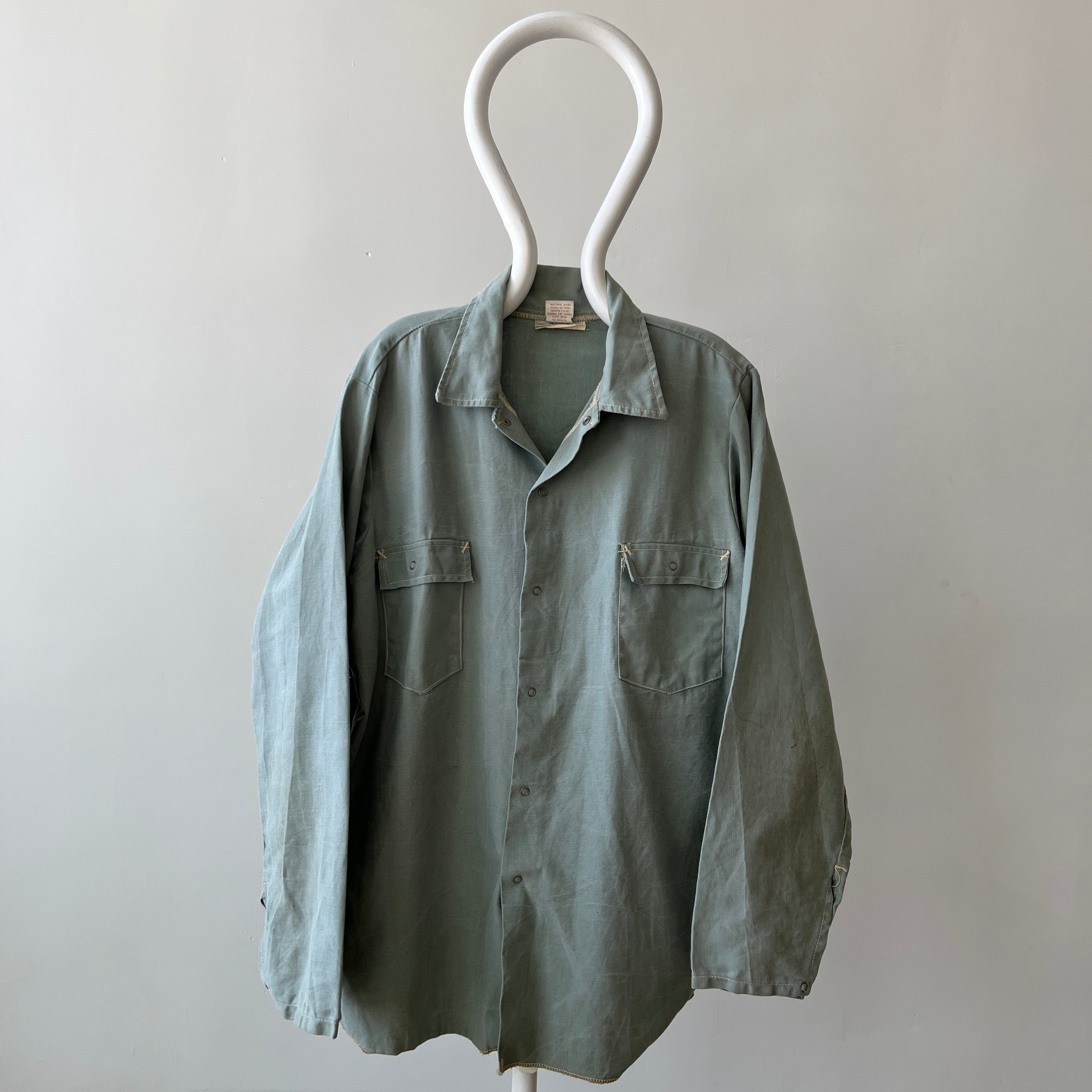 1950s Sage Green Cotton Canvas Like Work Shirt - Cool Contrast Stitching - Rare!