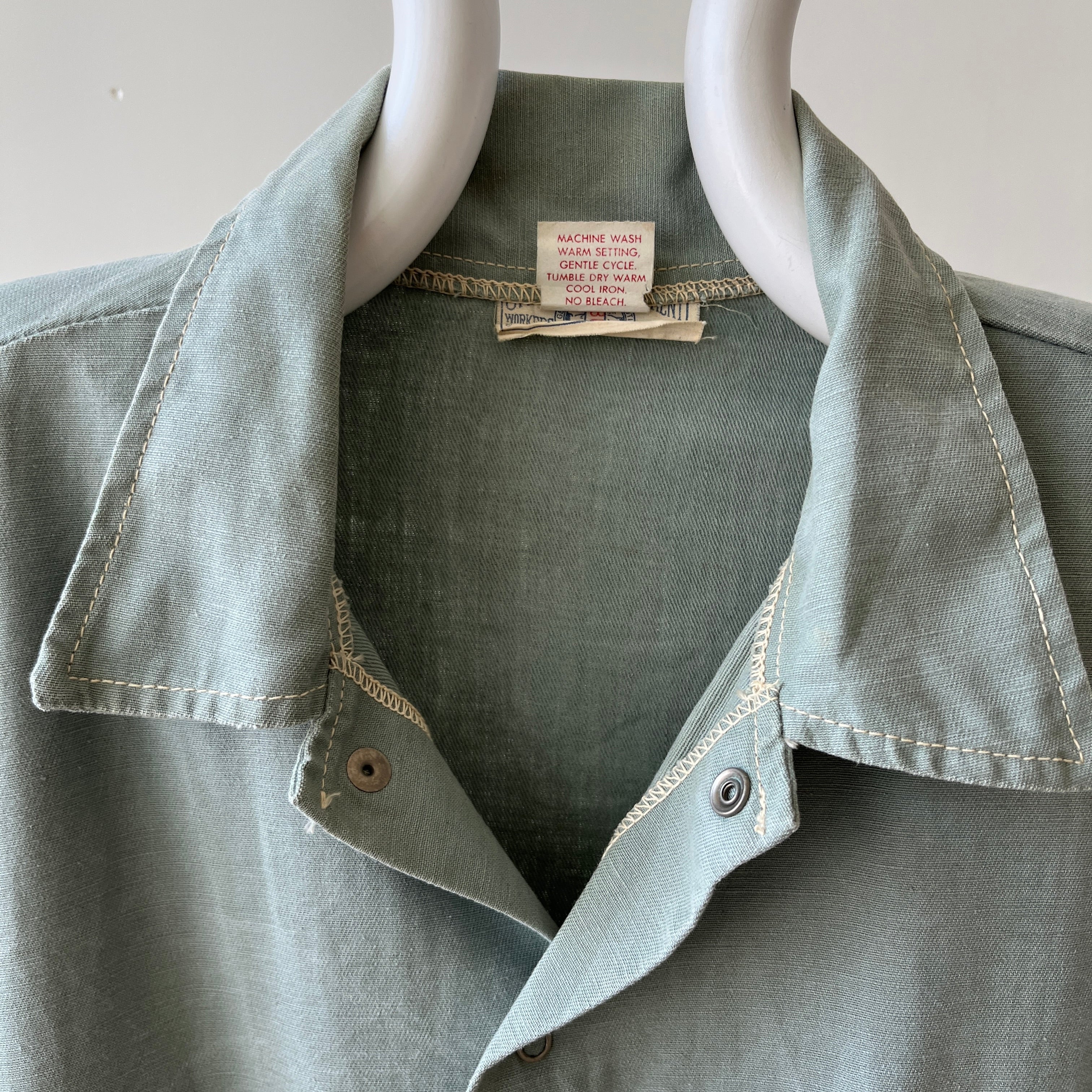 1950s Sage Green Cotton Canvas Like Work Shirt - Cool Contrast Stitching - Rare!