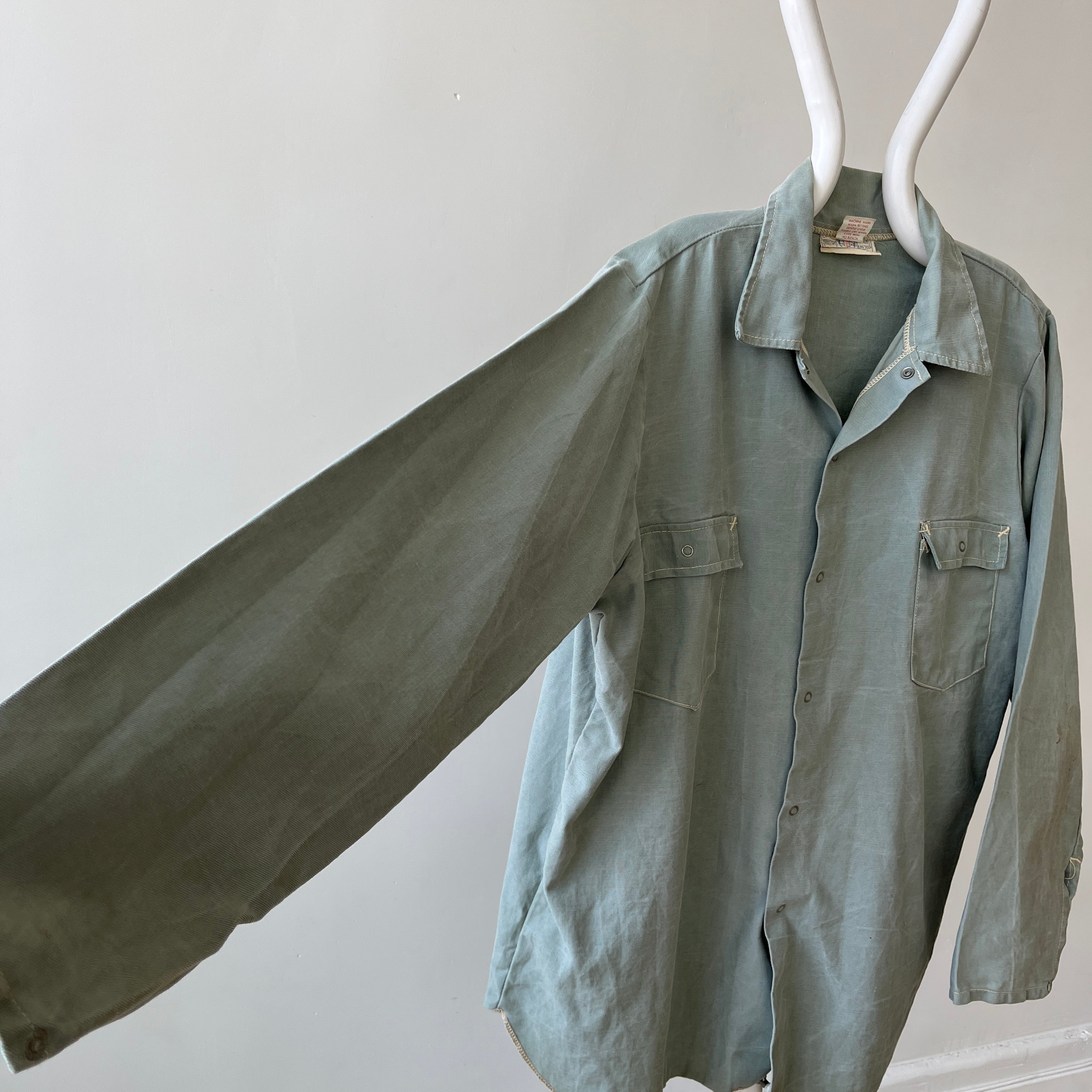 1950s Sage Green Cotton Canvas Like Work Shirt - Cool Contrast Stitching - Rare!